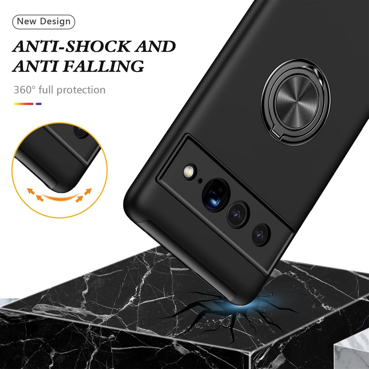 Cover for Google Pixel 7 Pro (6.7 Inches) and 2 Tempered Glass Screen Protector Case with Ring Robust Durable Protective Case - Black