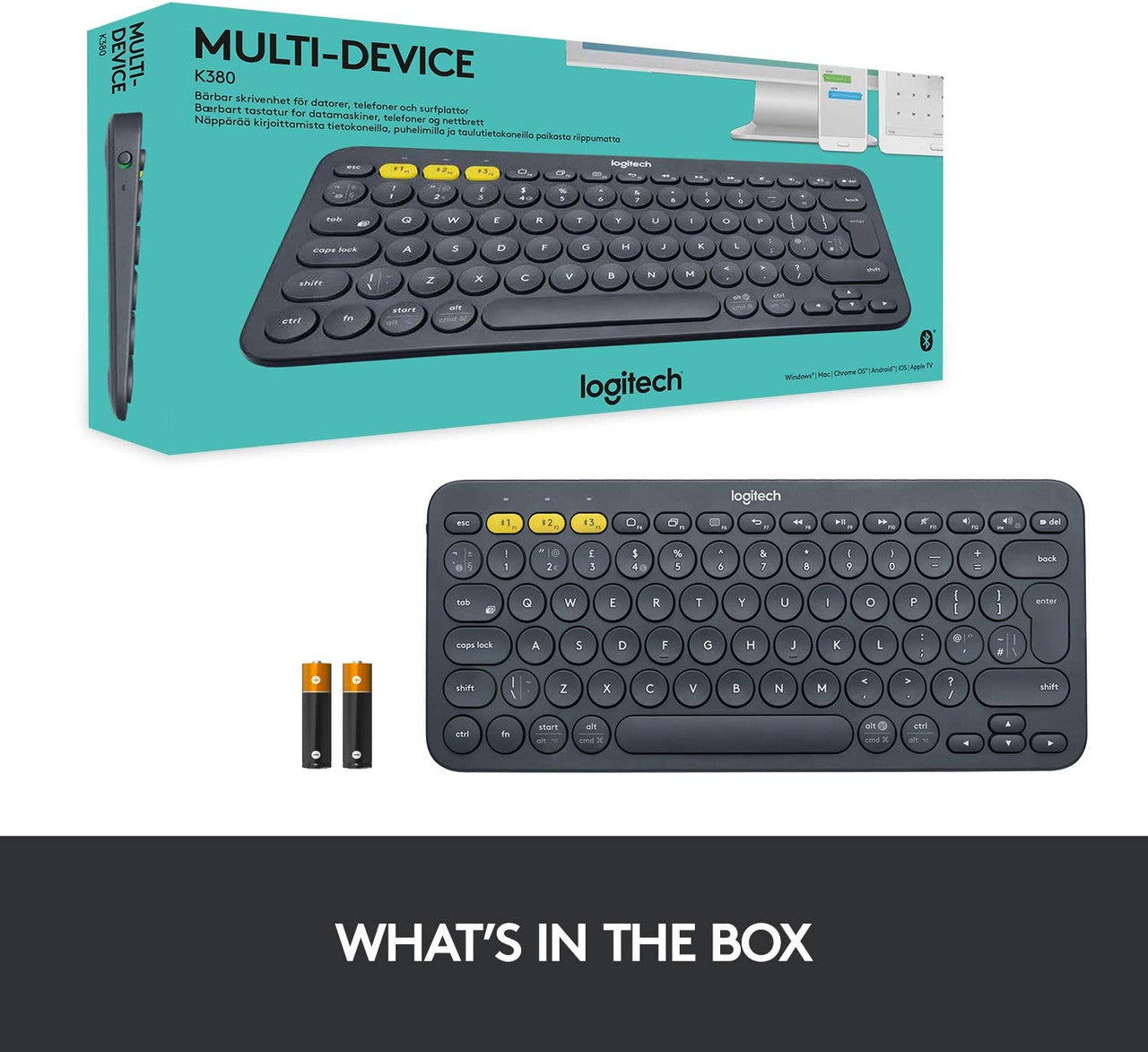 Logitech K380 Wireless Multi-Device Keyboard for Windows, Apple iOS, Apple TV android or Chrome, Bluetooth, Compact Space-Saving Design, PC/Mac/Laptop/Smartphone/Tablet, QWERTY UK Layout - Black