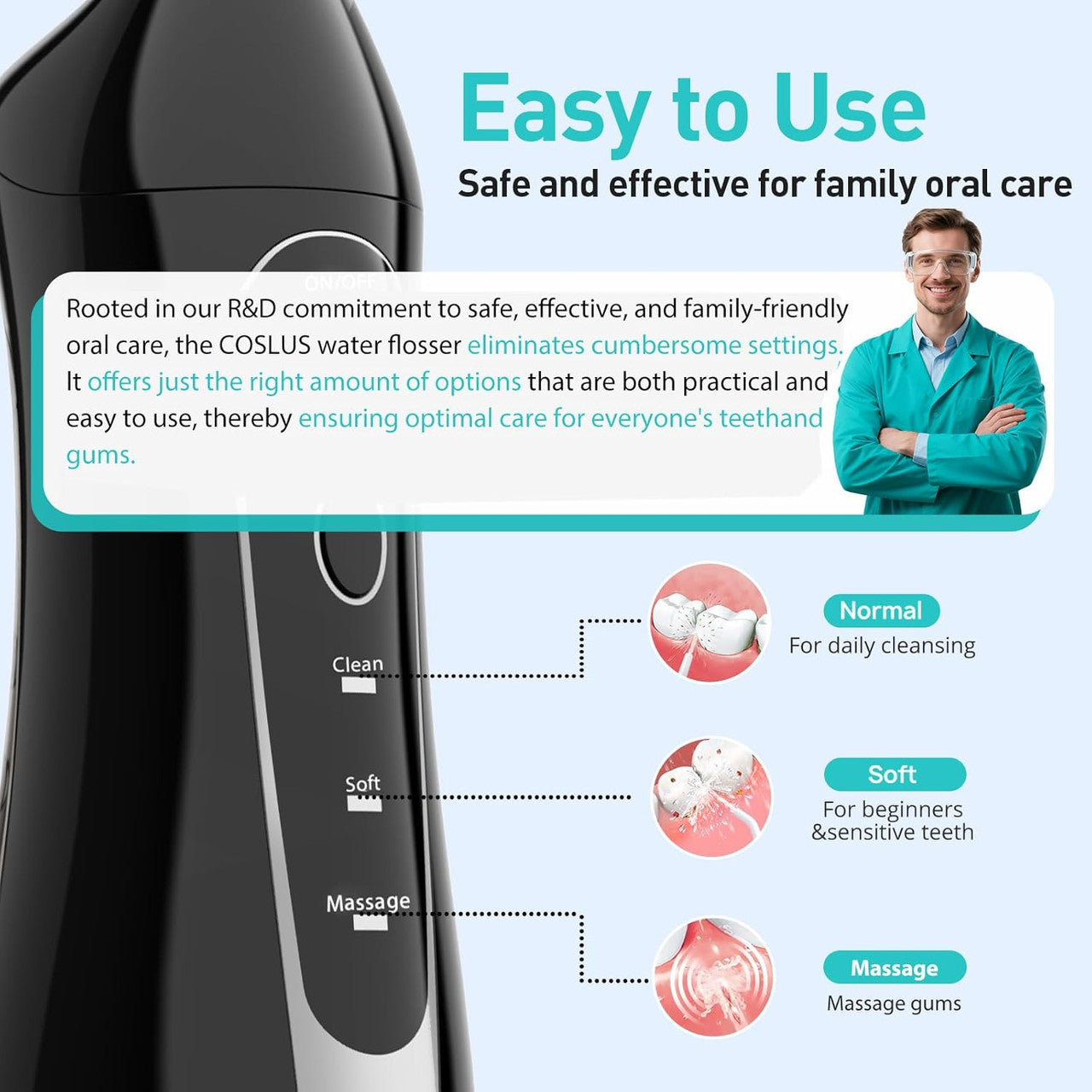 COSLUS Water Dental Flosser Teeth Pick C20(F5020E): Portable Cordless Oral Irrigator 300ML Rechargeable Travel Irrigation Cleaner IPX7 Waterproof Electric Flossing Machine for Teeth Cleaning