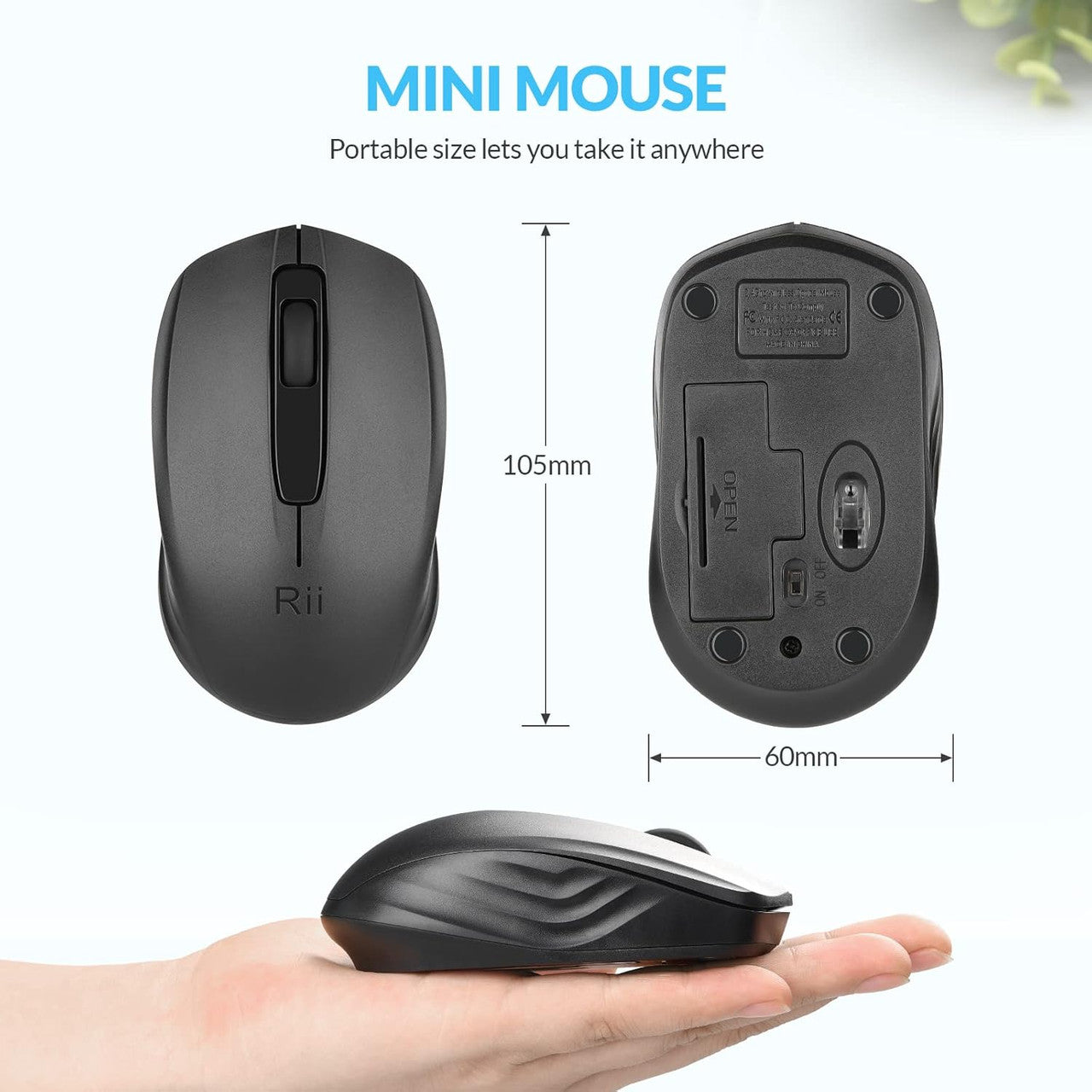 Rii Wireless Mouse 2.4G Wireless Mouse with USB Receiver (located in the battery compartment on the back of the mouse) for left and right handed users, PC/Laptop/Windows, black