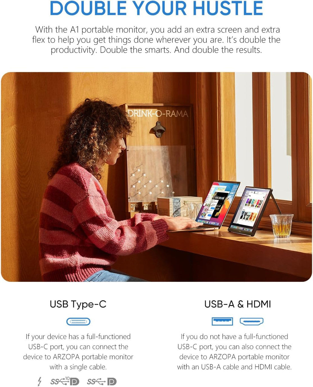 ARZOPA Portable Monitor, 15.6 Inch 1080 FHD Portable Monitor with External HDR Eye Care Screen and HDMI/Type-C/USB-C, for Laptop/PC/Mac/PS4/Xbox