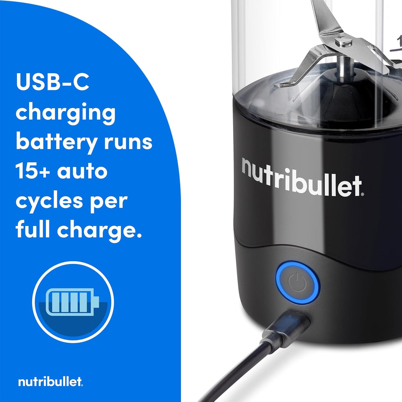 nutribullet Portable Mixer, 475 ml BPA-Free Tritan Cup, Mini Blender with 4-Point Stainless Steel Blade, Multifunctional Mixer, USB-C Charger, 15+ Mixing Processes, NBP003B