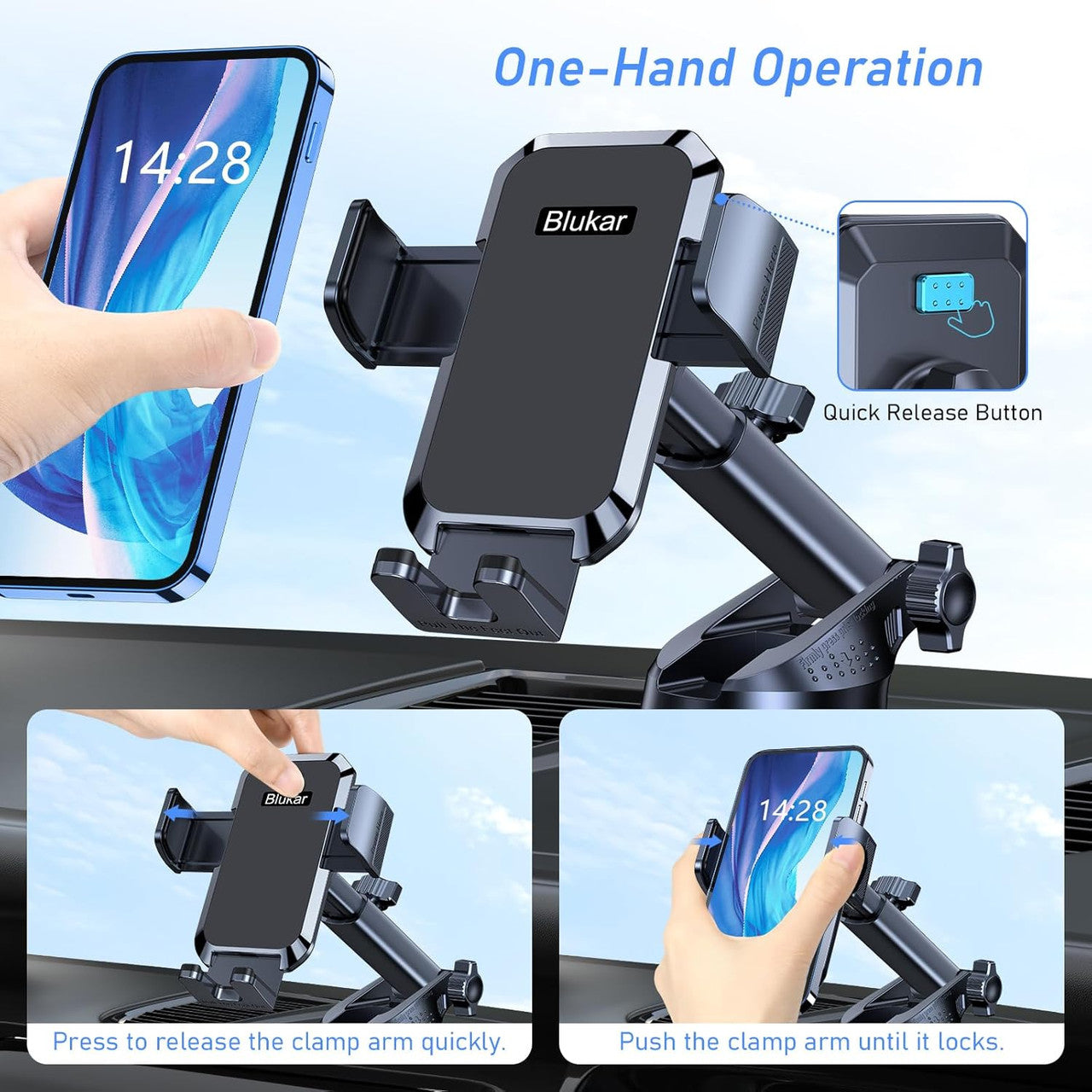 Blukar Car Phone Holder, Adjustable Car Phone Mount 360° Rotation for Dashboard/Windscreen, Upgraded Strong Suction - One Button Release Automobile Cradle for iPhone 4.0''-7.0'' Smartphones