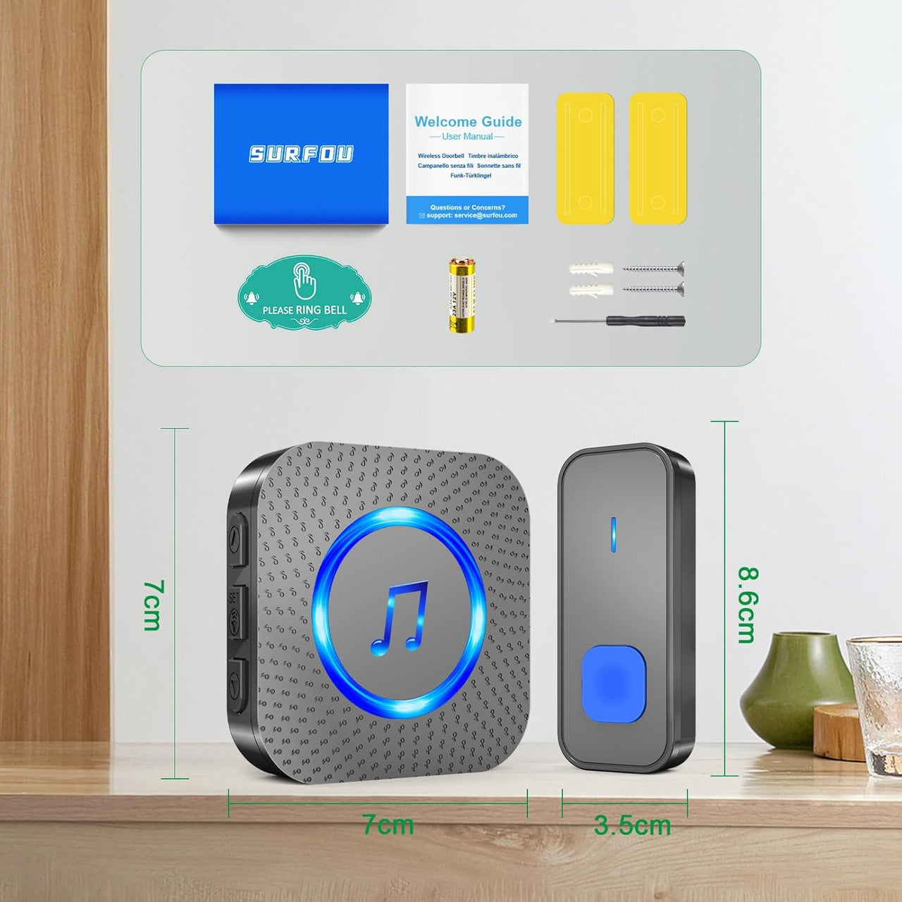 SURFOU Wireless Doorbell Waterproof, 1,300 ft Long Range Cordless Battery Operated, Wall Plug in Electric Door Chime Kit with 55 Melodies 5 Volume to Choose, LED Door Entry Bell, Black