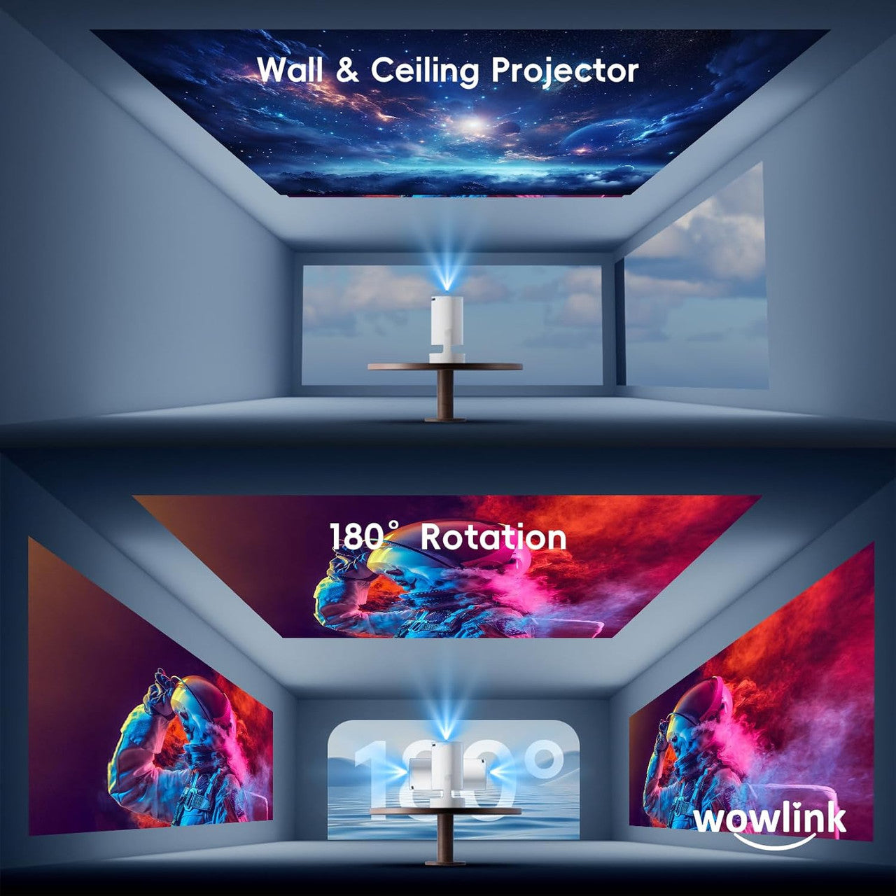 [Built-in Apps & 2025 Upgraded] Mini Projector with WiFi 6 and Bluetooth 5.4 Support 4K 1080P Auto Keystone 180° Rotatable Projector for Bedroom Compatibile with HDMI/TV Stick/Memory Stick/Laptop