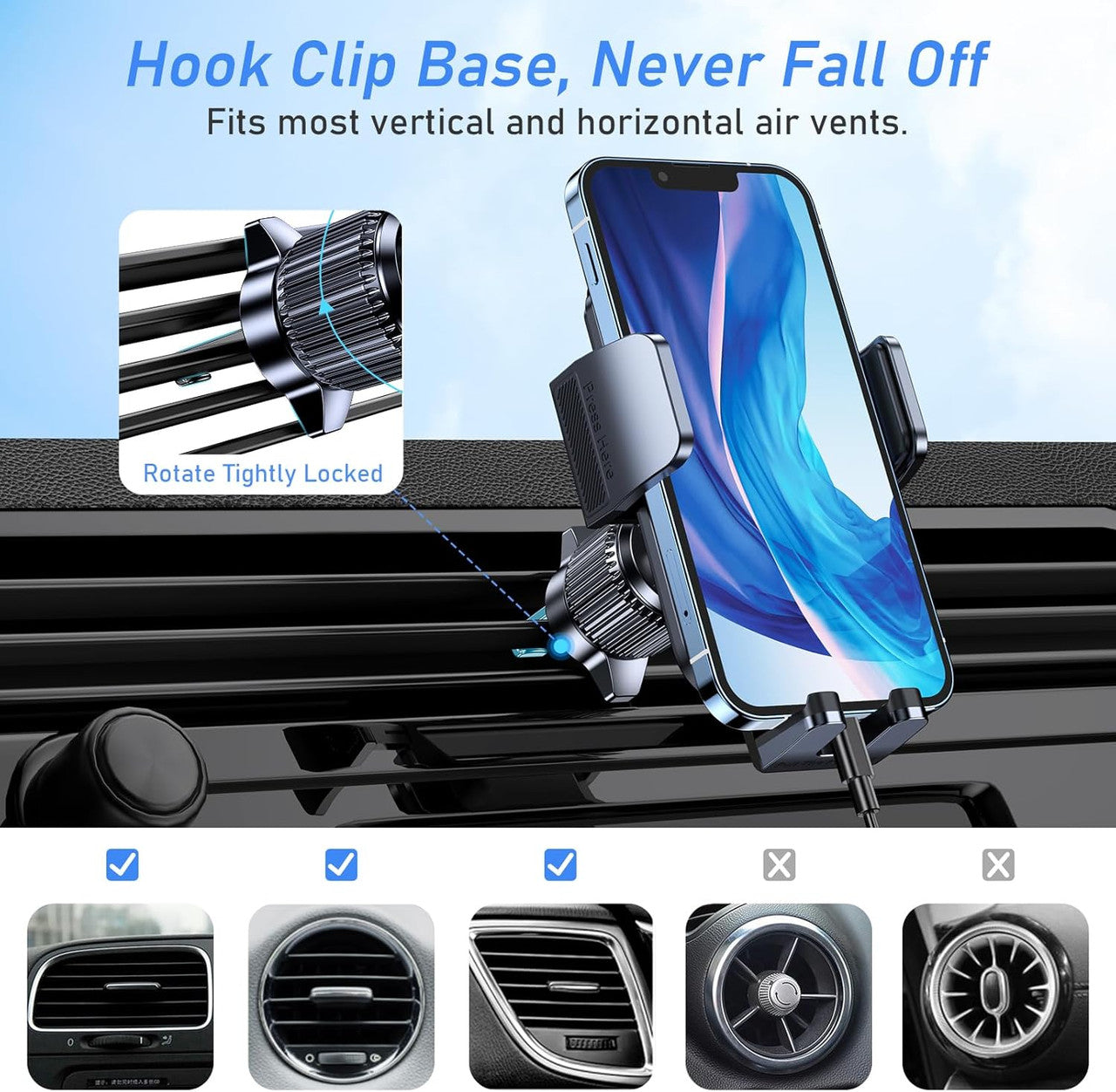 Blukar Car Phone Holder, Air Vent Car Phone Mount Cradle for 360° Rotation, Upgraded Ultra Stable Hook Clip - One Button Release Function for iPhone, Galaxy All 4.0''-7.0'' Smartphones