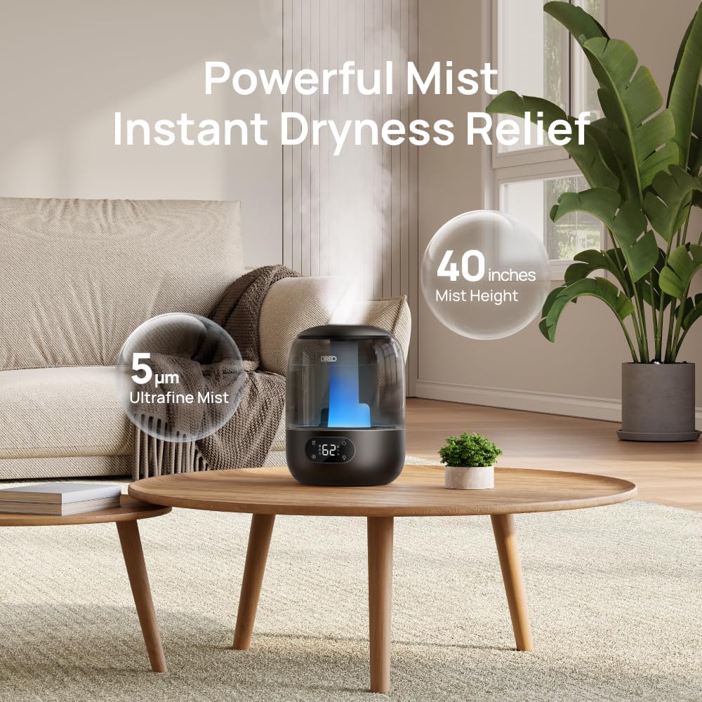 Dreo Humidifier for Bedroom with Sensor, 26dB Quiet Cool Mist Ultrasonic Humidifiers for Home, 360° Nozzle, 30H Runtime, Ambient Light Indicator, Essential Oil Diffuser, Room, Plants, Nursery, Black
