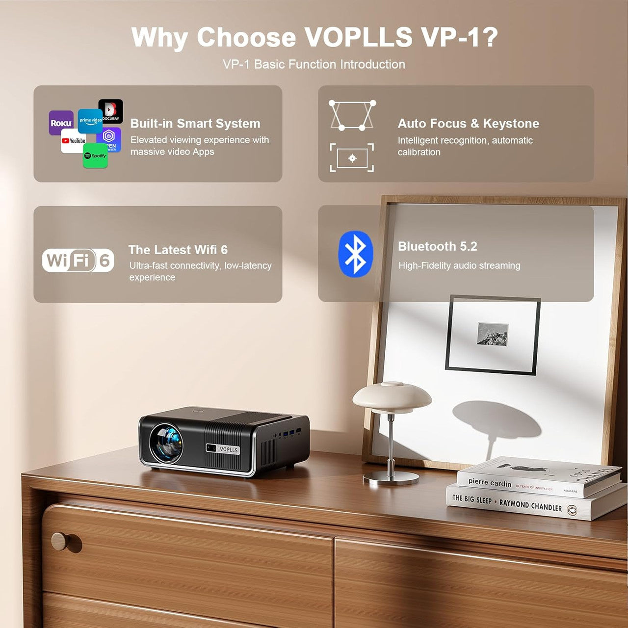 [Built-in -Apps & Auto Focus/Keystone] Smart Projector 4K, VOPLLS 25000L Native 1080P WiFi 6 Bluetooth Outdoor Projector, PPT, 50% Zoom Home Theater Movie Projector for Bedroom/iOS/Android