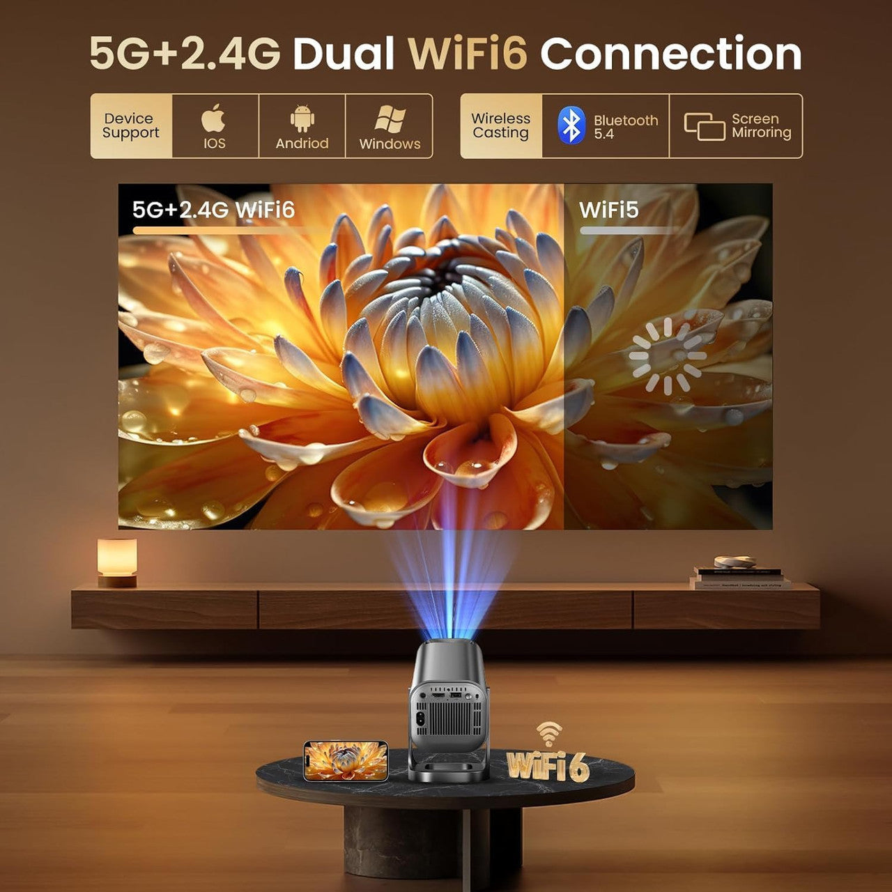 Mini Projector 4K 1080P Support, Mini Projector 22000L with Android 12.0, WiFi 6 and Bluetooth 5.4, Home Cinema Smart Projector with Car Keystone Mobile Phone 270° Rotation for PC/HDMI/USB/TF Card