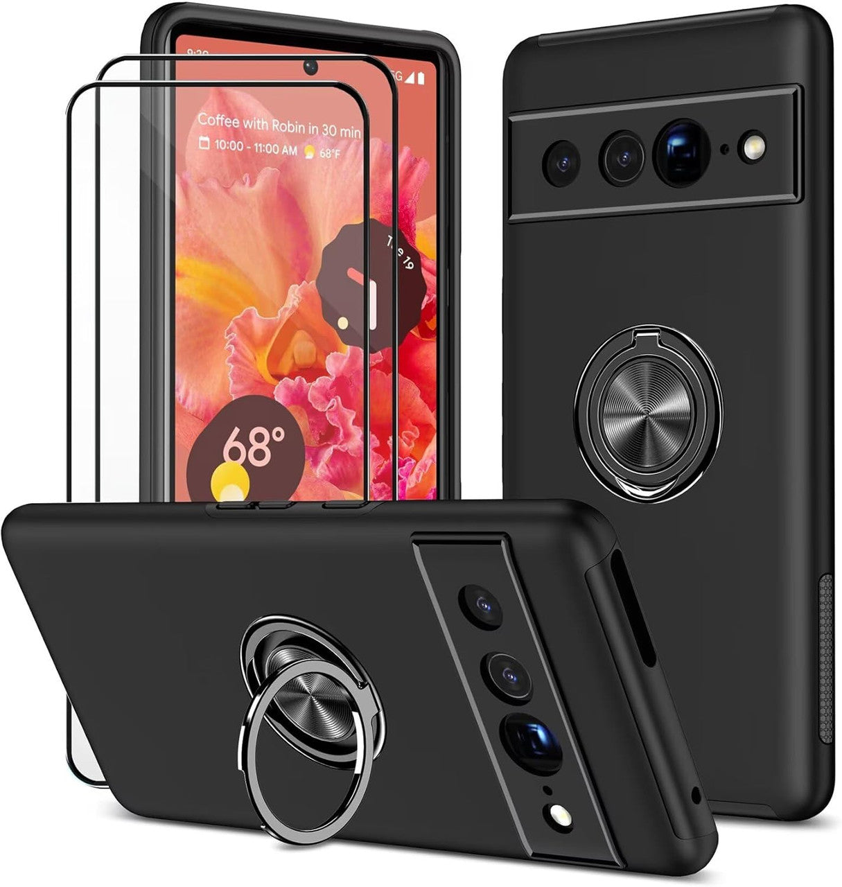 Cover for Google Pixel 7 Pro (6.7 Inches) and 2 Tempered Glass Screen Protector Case with Ring Robust Durable Protective Case - Black