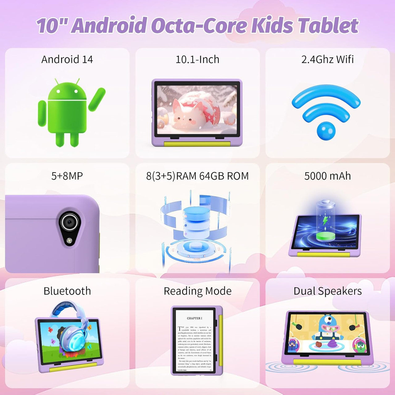 Yicty Children's Tablet, Upgraded Android 14 Tablet, 10 Inch for Children with Protective Case, Octa-Core, 8 + 64 GB 1TF Card Expandable, Dual Camera, Child Lock, Pre-installed KIDOZ, Perfect for kids