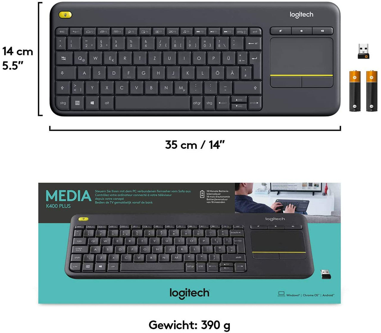 K400 PLUS WIRELESS TOUCH KEYBOARD - Relaxed wireless control of your PC connected TV