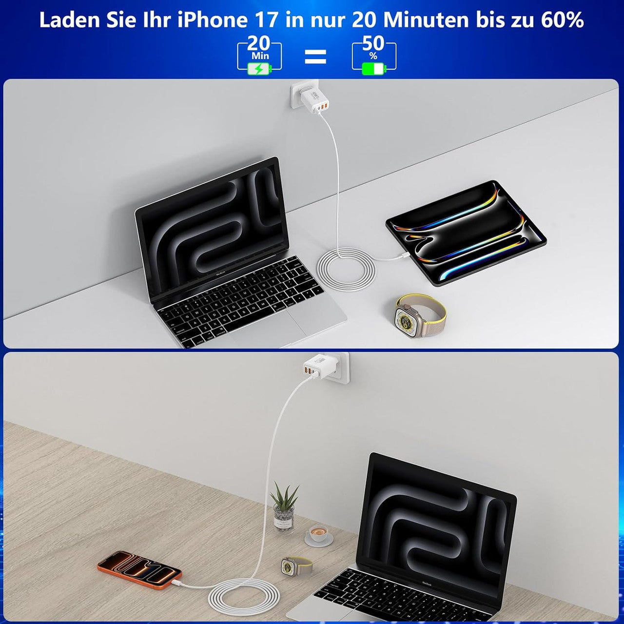 USB C Charger, Rombica 4-Port Multiple Charger with USB-C and USB-A, 60W Fast Charger PD3.0 Power Adapter USB Power Supply for iPhone 17 17 Pro Max 16 15 14 13 12 11 XS XR X, iPad, Samsung, Mobile Phones