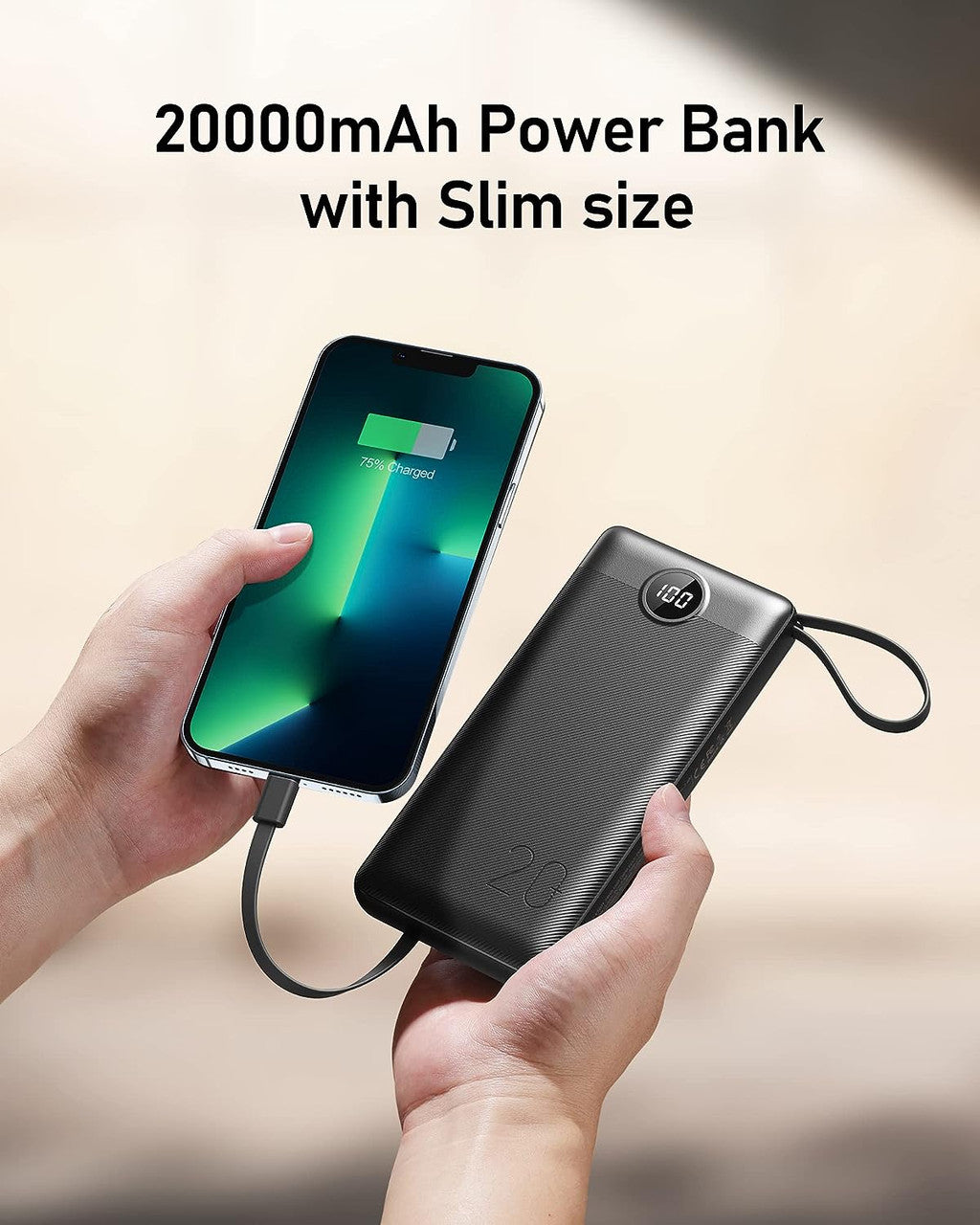 VEEKTOMX Power Bank with Built-in Cables, 20000mAh USB C Portable Charger with 5 Outputs & 2 Inputs and LED Display, External Battery Bank for iPhone 14 13 12/ iPad/Samsung S22/21/20 (20000mAh-Black)