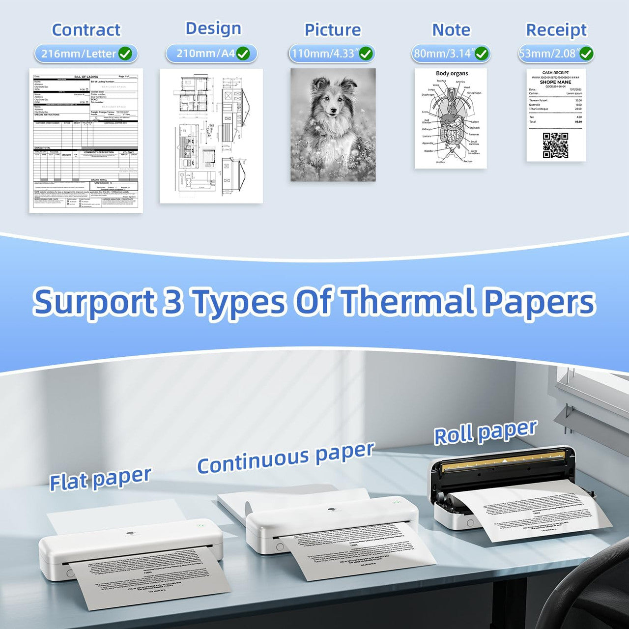 Phomemo M834 Thermal Printer, Portable Printer A4 Compatible with Phone & Laptop, Bluetooth Mobile Printers for Home Use, Inkless Printers for Office, Photo, Home, School, Outdoor, White