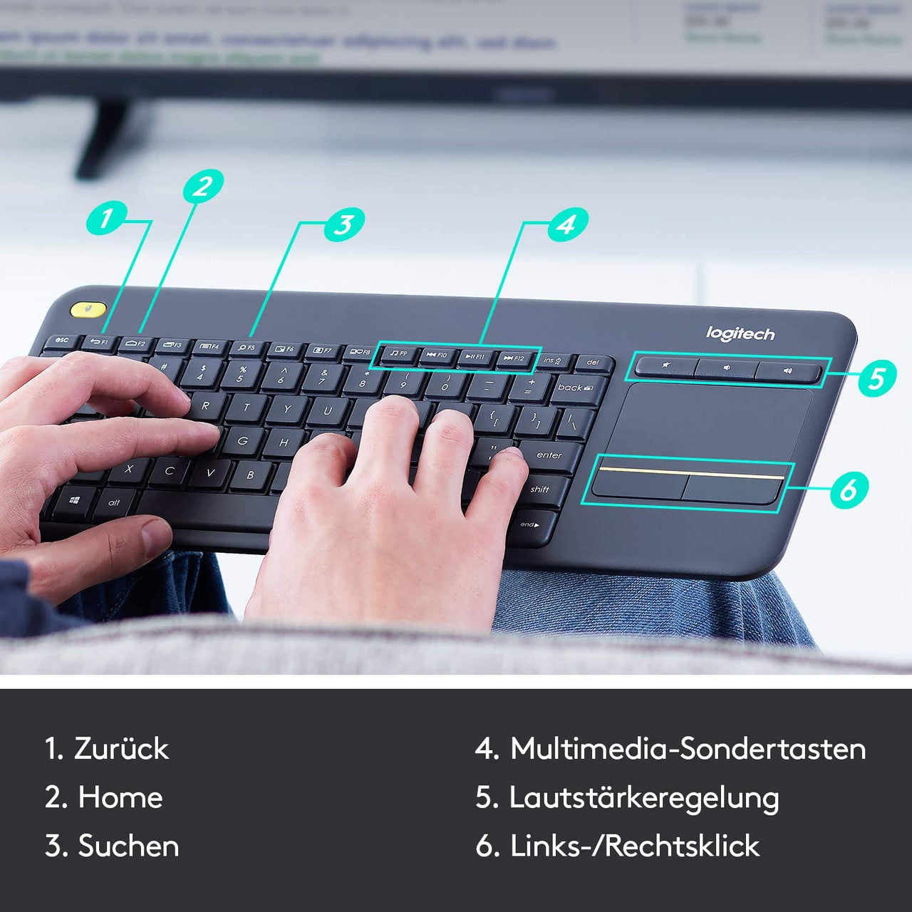 K400 PLUS WIRELESS TOUCH KEYBOARD - Relaxed wireless control of your PC connected TV