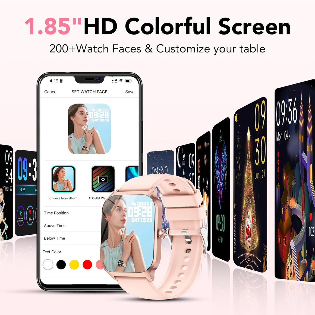 CASCHO Smartwatch Men Women Smart Watch with 4.6 cm 1.85 Inch Touch Screen IP68 Waterproof Smart Watches for Android iOS (Light Pink, Rose Gold)