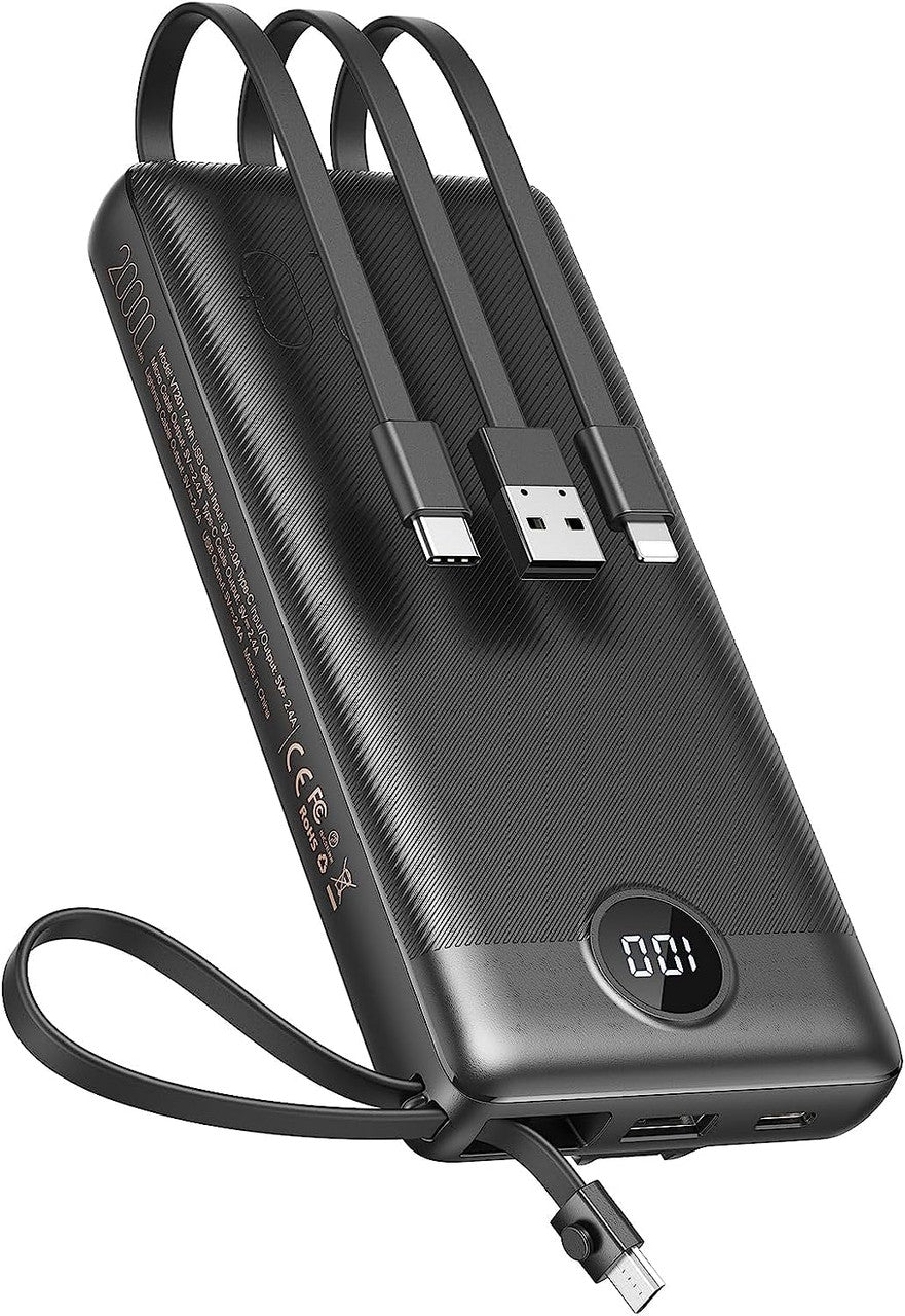 VEEKTOMX Power Bank with Built-in Cables, 20000mAh USB C Portable Charger with 5 Outputs & 2 Inputs and LED Display, External Battery Bank for iPhone 14 13 12/ iPad/Samsung S22/21/20 (20000mAh-Black)