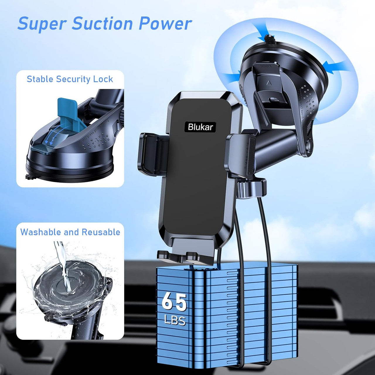 Blukar Car Phone Holder, Adjustable Car Phone Mount 360° Rotation for Dashboard/Windscreen, Upgraded Strong Suction - One Button Release Automobile Cradle for iPhone 4.0''-7.0'' Smartphones
