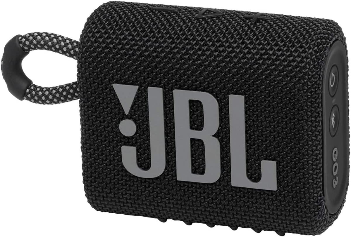 JBL GO 3 - Wireless Bluetooth portable speaker with integrated loop for travel with USB C charging cable, in white