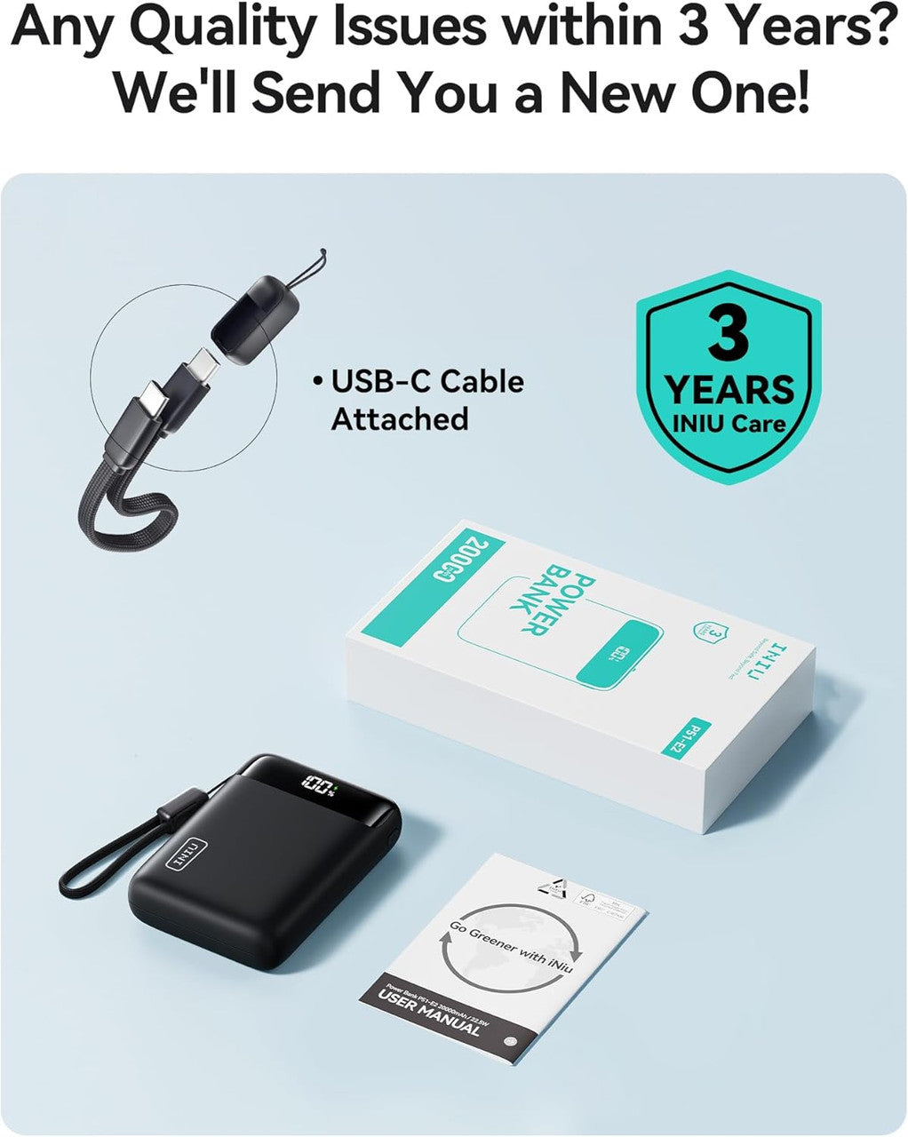 INIU 20000mAh P51 Power Bank, Smallest Fast Charging 22.5W Portable Charger, USB C In&Out Mini Powerbank, Phone Battery Pack for iPhone 17 16 15 Pro Samsung S25 S24 Airpods iPad etc Travel & Camping - P51