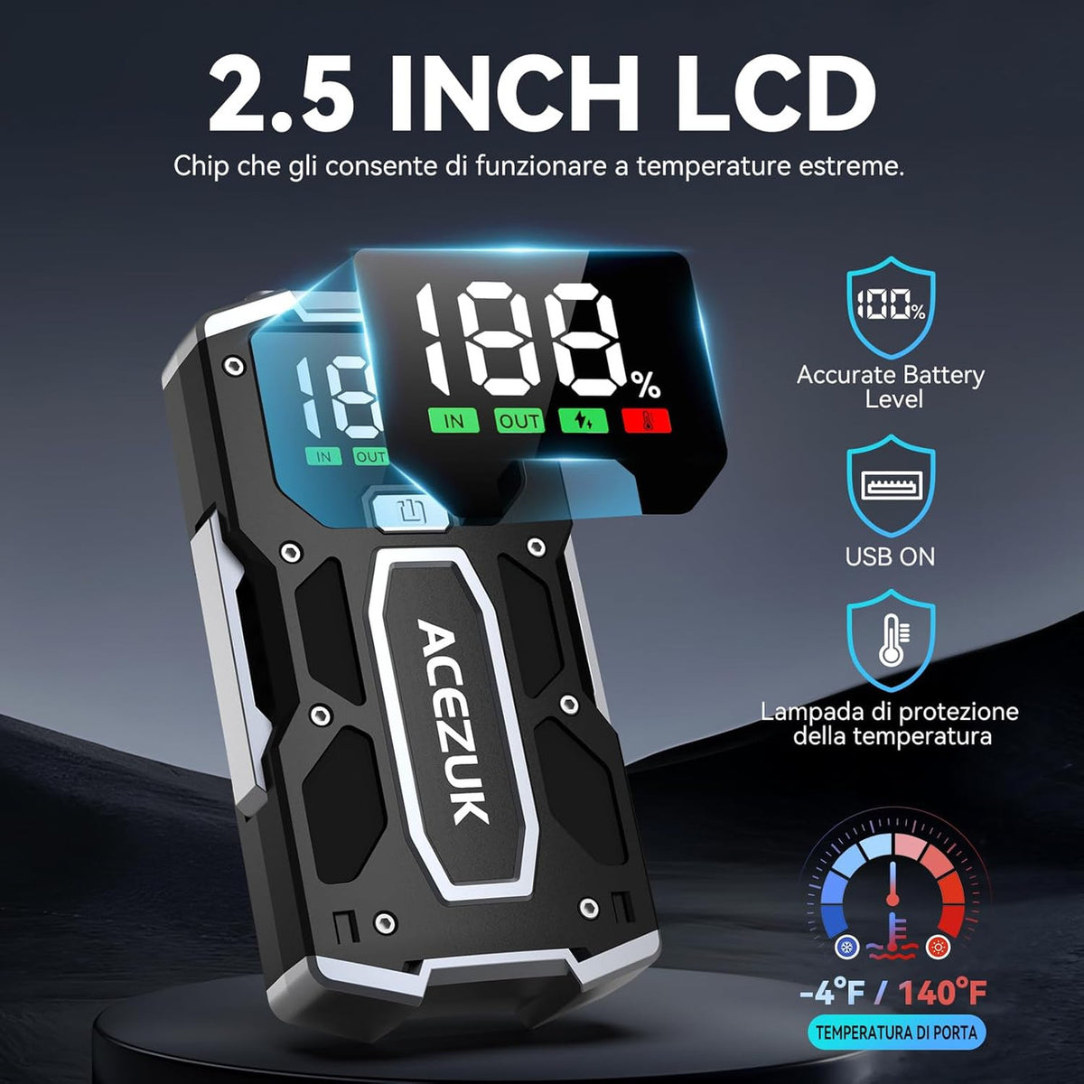 ACEZUK Jump Starter with Display (M01) (Compatible with up to 7.0L Gasoline and 5.5L Diesel Vehicles), 12 V Car Engine Starter, Emergency Start Car, Power Bank Function, LED Light Included
