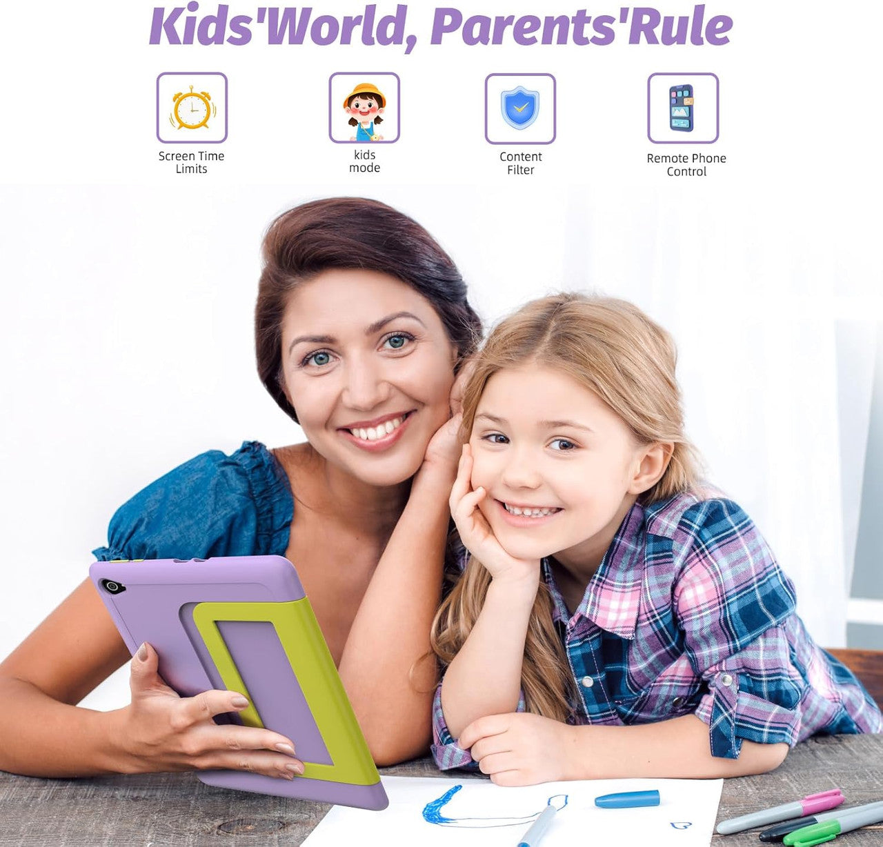 Yicty Children's Tablet, Upgraded Android 14 Tablet, 10 Inch for Children with Protective Case, Octa-Core, 8 + 64 GB 1TF Card Expandable, Dual Camera, Child Lock, Pre-installed KIDOZ, Perfect for kids