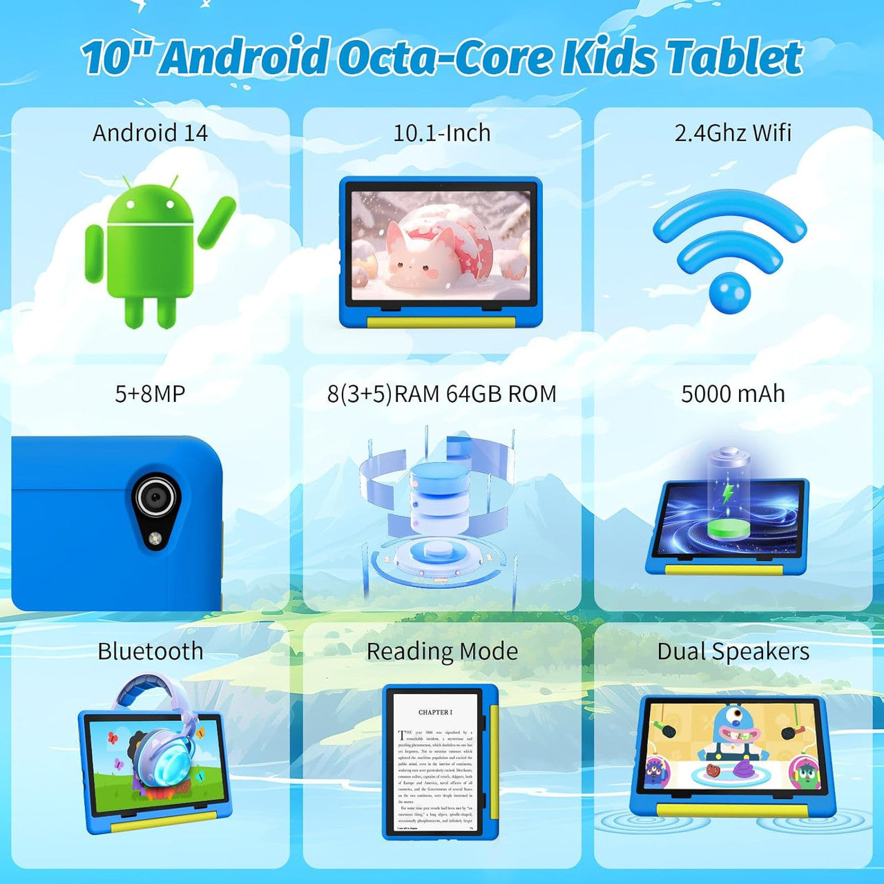 Yicty Children's Tablet, Upgraded Android 14 Tablet, 10 Inch for Children with Protective Case, Octa-Core, 8 + 64 GB 1TF Card Expandable, Dual Camera, Child Lock, Pre-installed KIDOZ, Perfect for kids