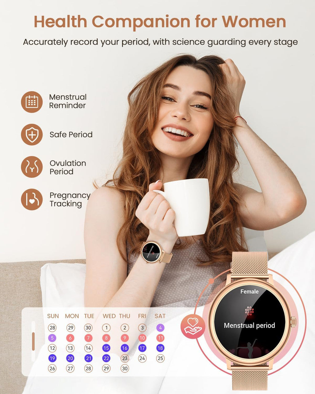 RUXINGX Women's Smart Watch G58, Round Elegant 1.19-Inch AMOLED Touch Screen, Smartwatch with Calls, Female Function, 120+ Sports Heart Rate Monitor SpO2 Sleep Pedometer Android iOS Christmas Gift Gold