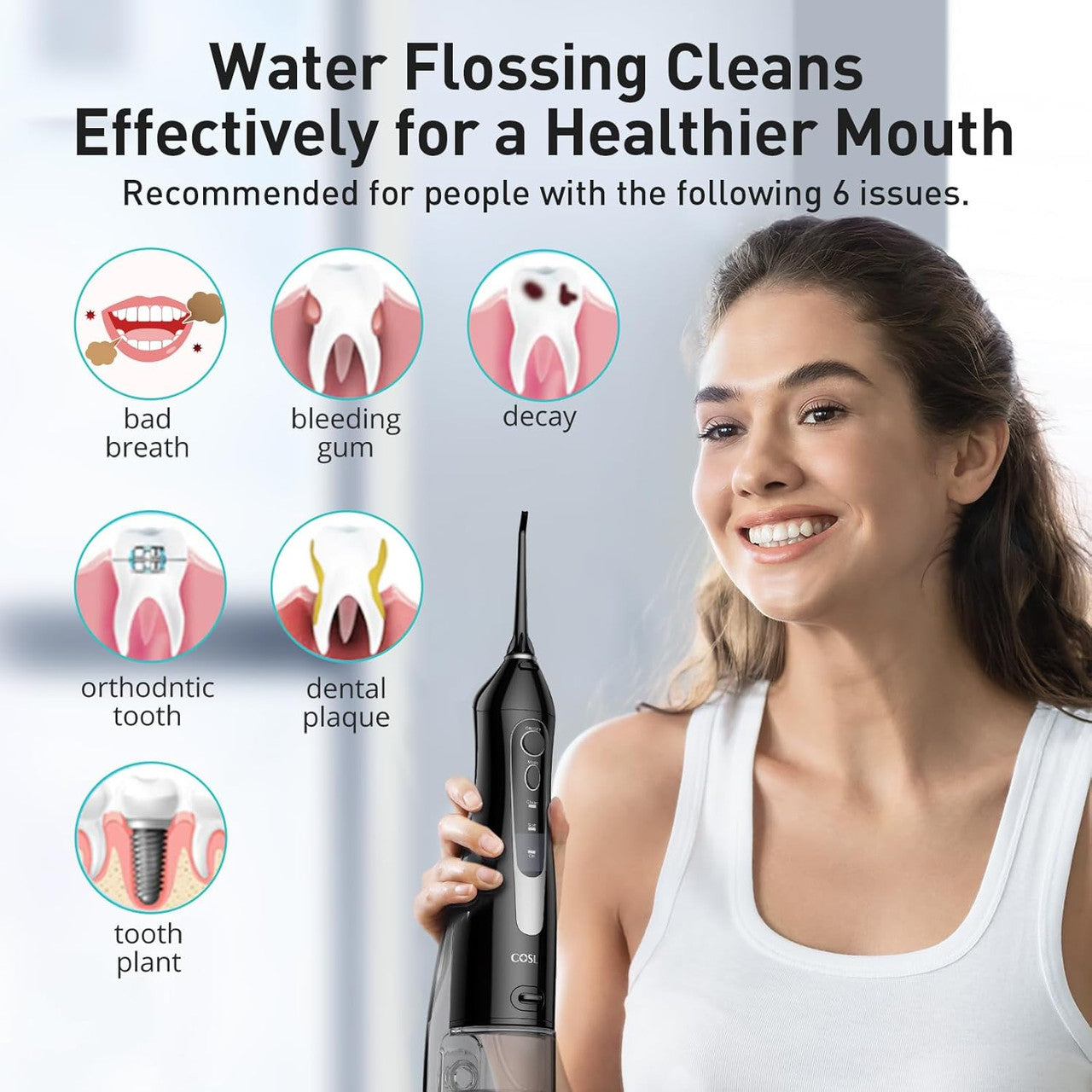 COSLUS Water Dental Flosser Teeth Pick C20(F5020E): Portable Cordless Oral Irrigator 300ML Rechargeable Travel Irrigation Cleaner IPX7 Waterproof Electric Flossing Machine for Teeth Cleaning