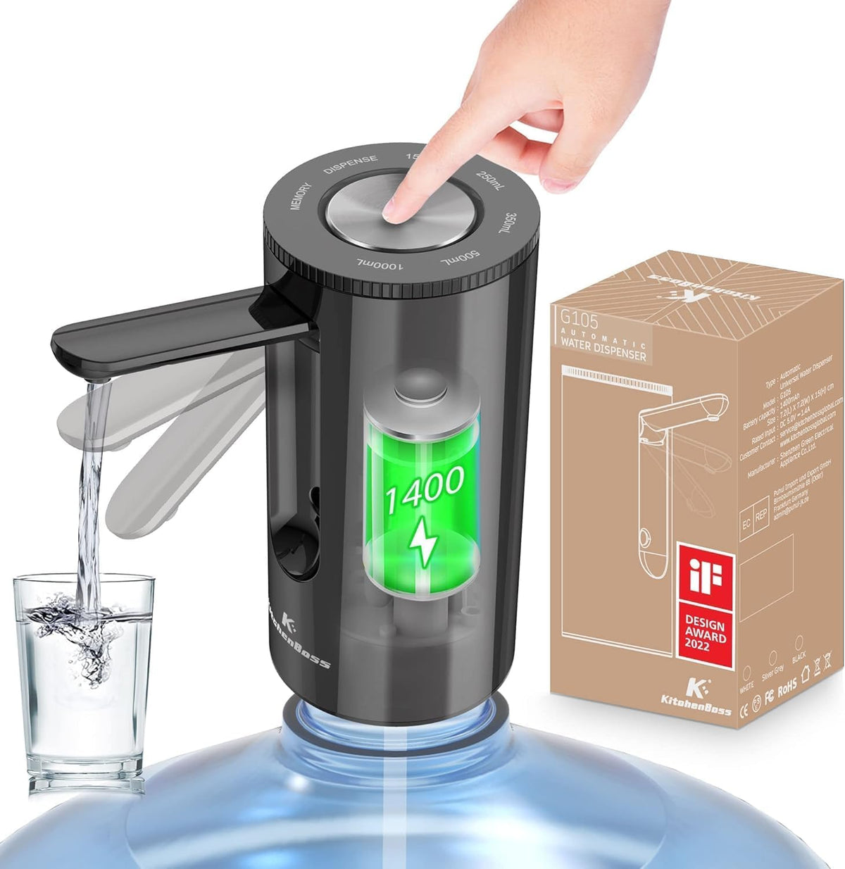 KitchenBoss Electric Water Dispenser: USB Charging 1-5 Gallon Pump Bottle