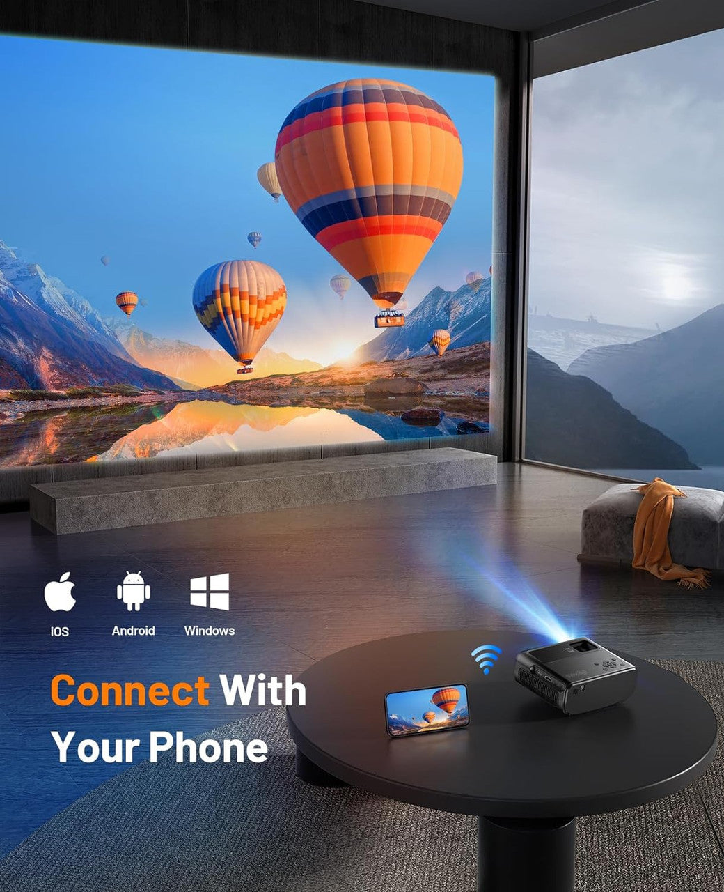 Projector, Cibest WiFi Mini Projector Full HD 1080P, 13000 Lux Portable projector Compatible with iOS/Android/Tablet/PC/TV Stick/USB (Tripod included)