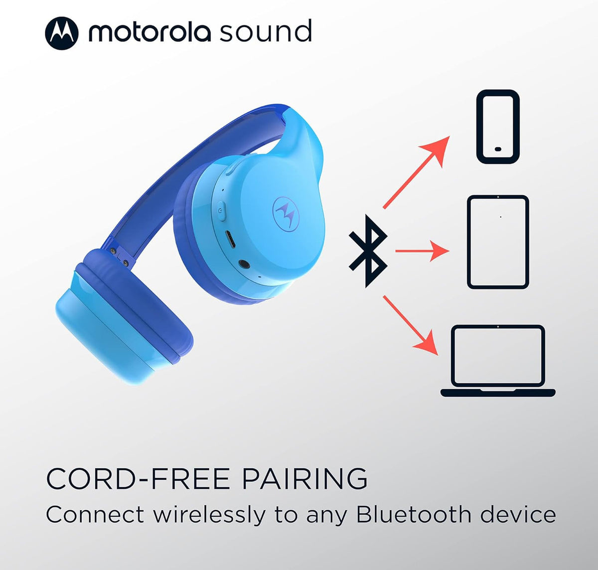 Motorola JR300 Kids Bluetooth Wireless Headphones with Microphone - Lightweight Over Ear, Safe Volume Limit 85dB, Audio Splitter for Sharing - Ideal for School, Travel, Gaming - Pink