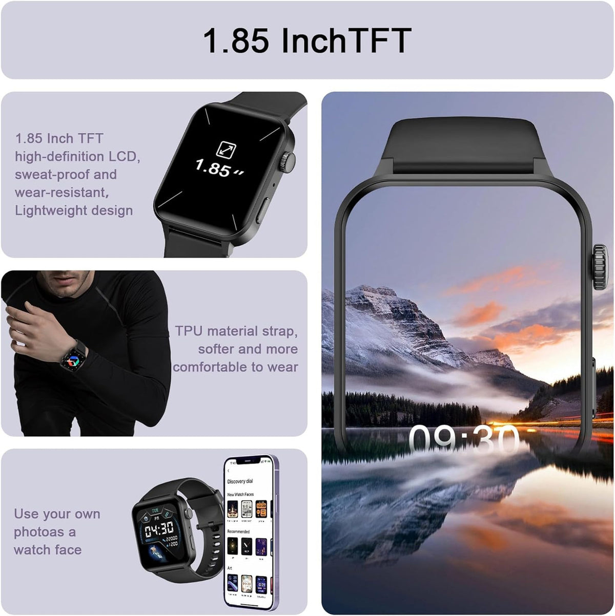 IOWODO R30 PRO Smart Watch for Men Women (Answer/Make Calls), Voice Assistant, 1.85" Fitness Watch with SpO2 Heart Rate Sleep Monitor, 100 + Sports, IP68 Waterproof Step Counter Smartwatch for iOS Android