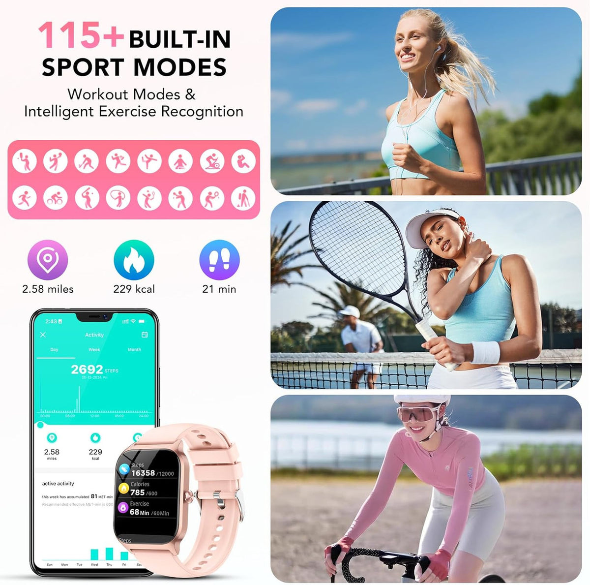 CASCHO Smartwatch Men Women Smart Watch with 4.6 cm 1.85 Inch Touch Screen IP68 Waterproof Smart Watches for Android iOS (Light Pink, Rose Gold)