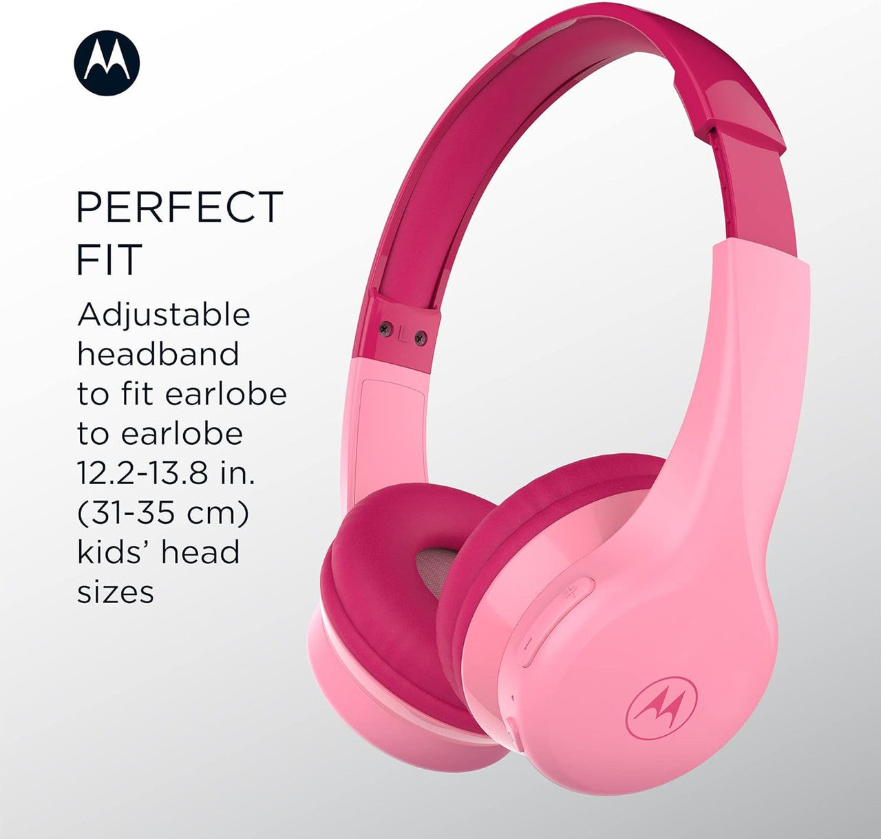 Motorola JR300 Kids Bluetooth Wireless Headphones with Microphone - Lightweight Over Ear, Safe Volume Limit 85dB, Audio Splitter for Sharing - Ideal for School, Travel, Gaming - Pink