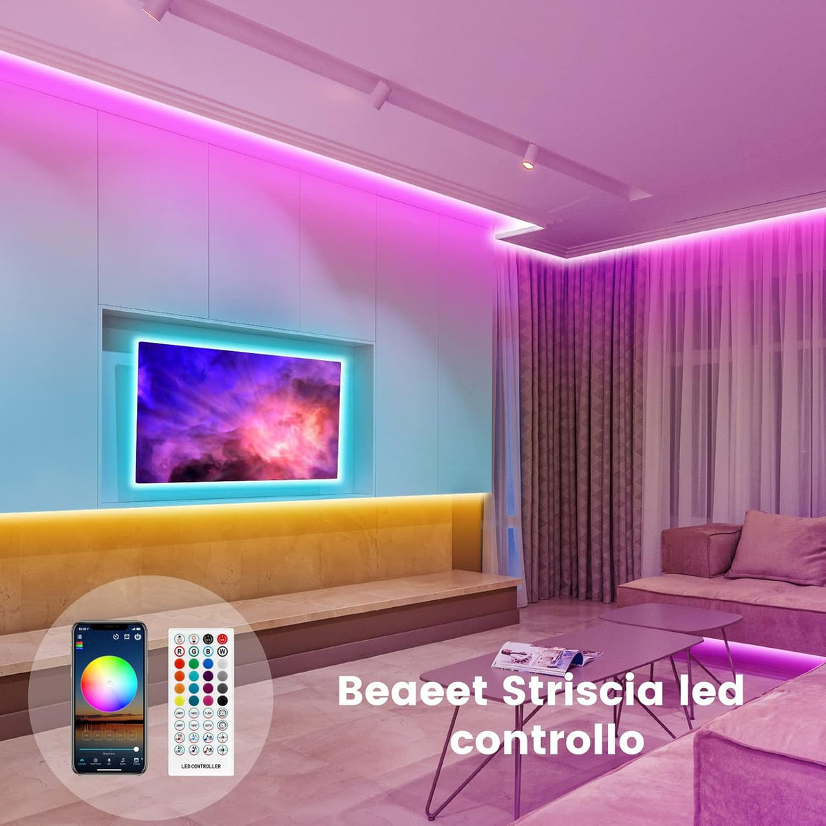 Beaeet 10 Meters LED Strip Lights 5050 RGB for Room with 40 Key Remote Control and Bluetooth APP Control, Ideal for Christmas, Weddings and Parties (10m*1)