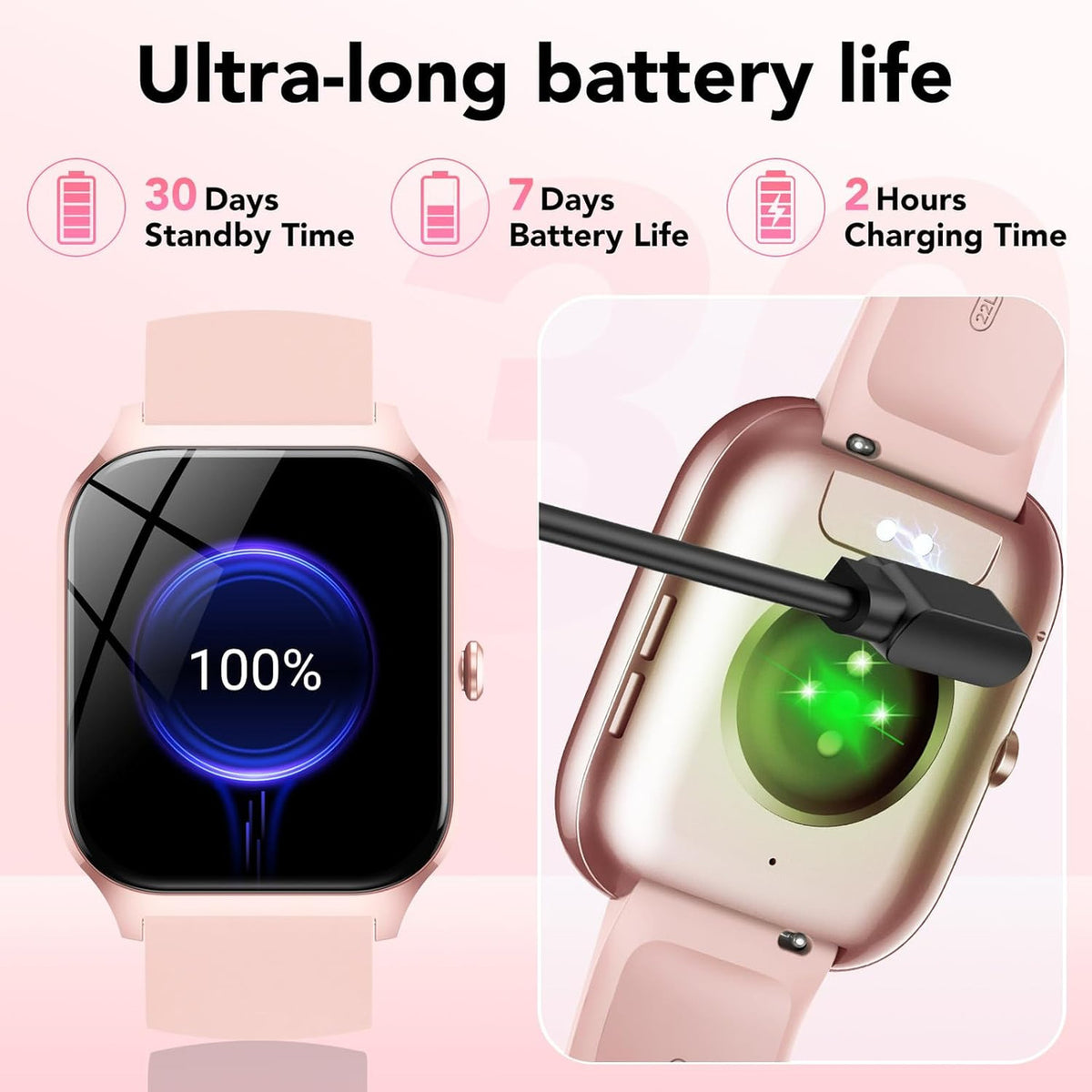 CASCHO Smartwatch Men Women Smart Watch with 4.6 cm 1.85 Inch Touch Screen IP68 Waterproof Smart Watches for Android iOS (Light Pink, Rose Gold)