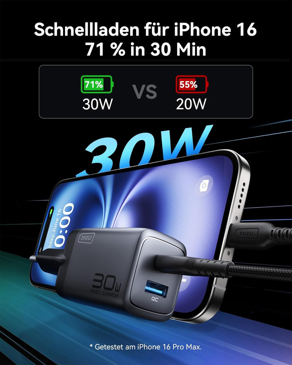 INIU 30 W USB C Charger, GaN Fast Charger with 1.5 m 60 W Cable, Dual Port Power Supply with Intelligent Device Protection for iPhone 17 16 Pro Max, iPad MacBook Air Galaxy S26 Pixel Xiaomi, Black