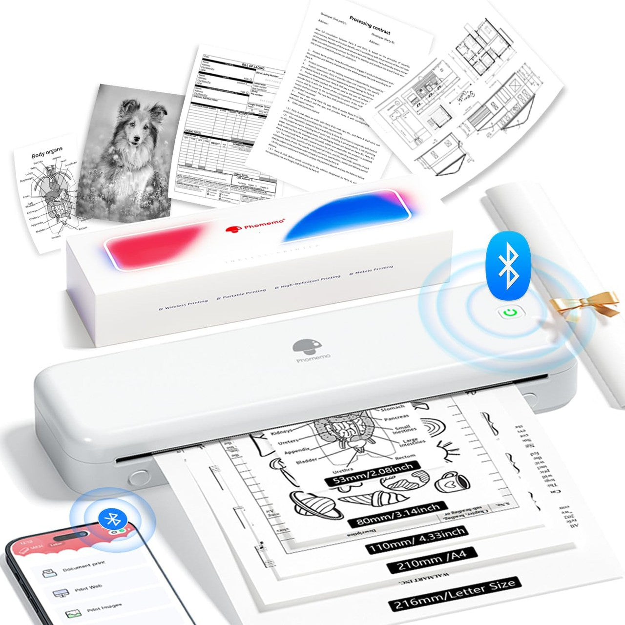 Phomemo M834 Thermal Printer, Portable Printer A4 Compatible with Phone & Laptop, Bluetooth Mobile Printers for Home Use, Inkless Printers for Office, Photo, Home, School, Outdoor, White