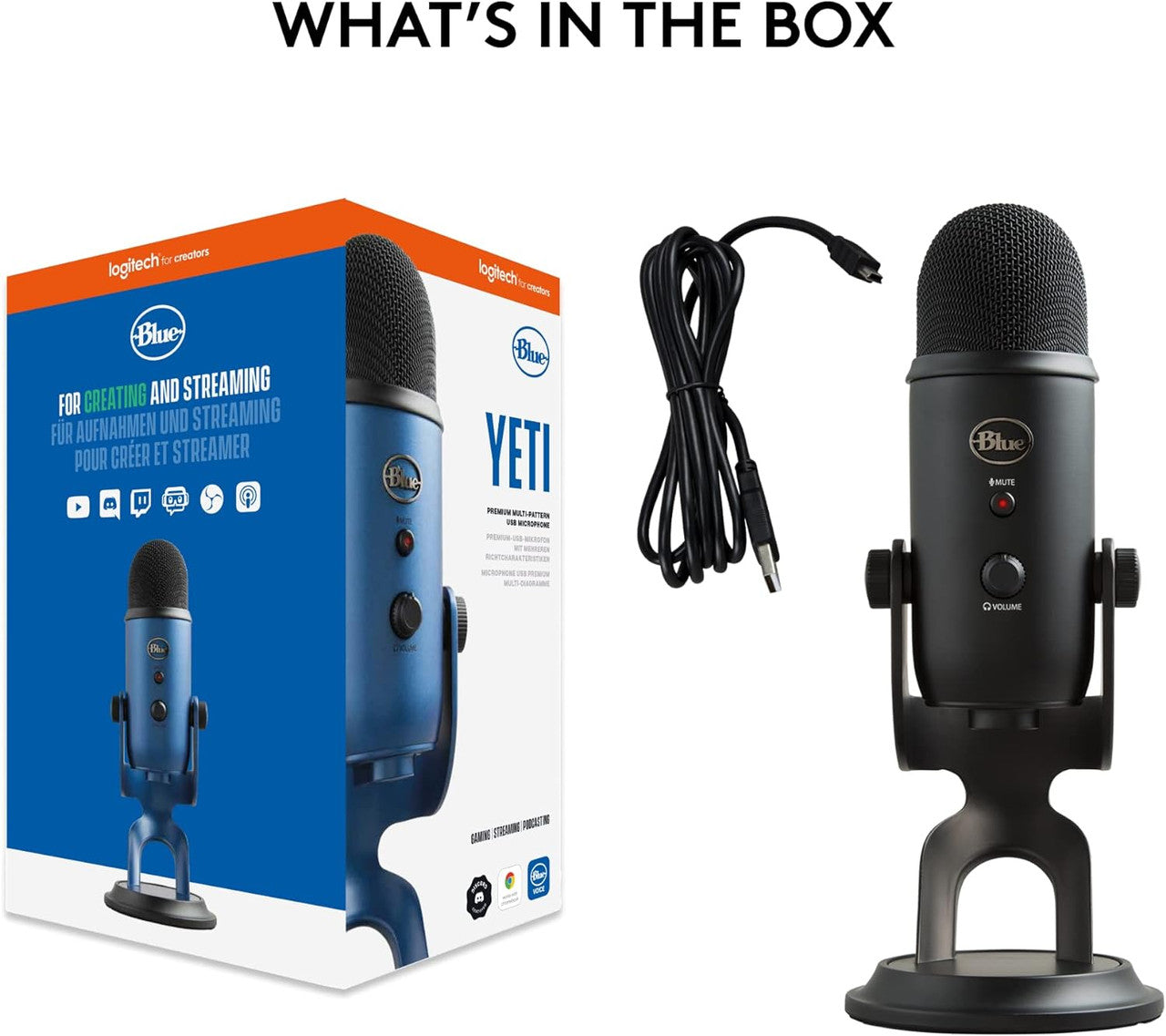 Blue Microphones Yeti USB microphone blackout (for recording and streaming on PC and Mac, Three condenser capsules, four polar patterns, headphone output and volume control Plug and Play)