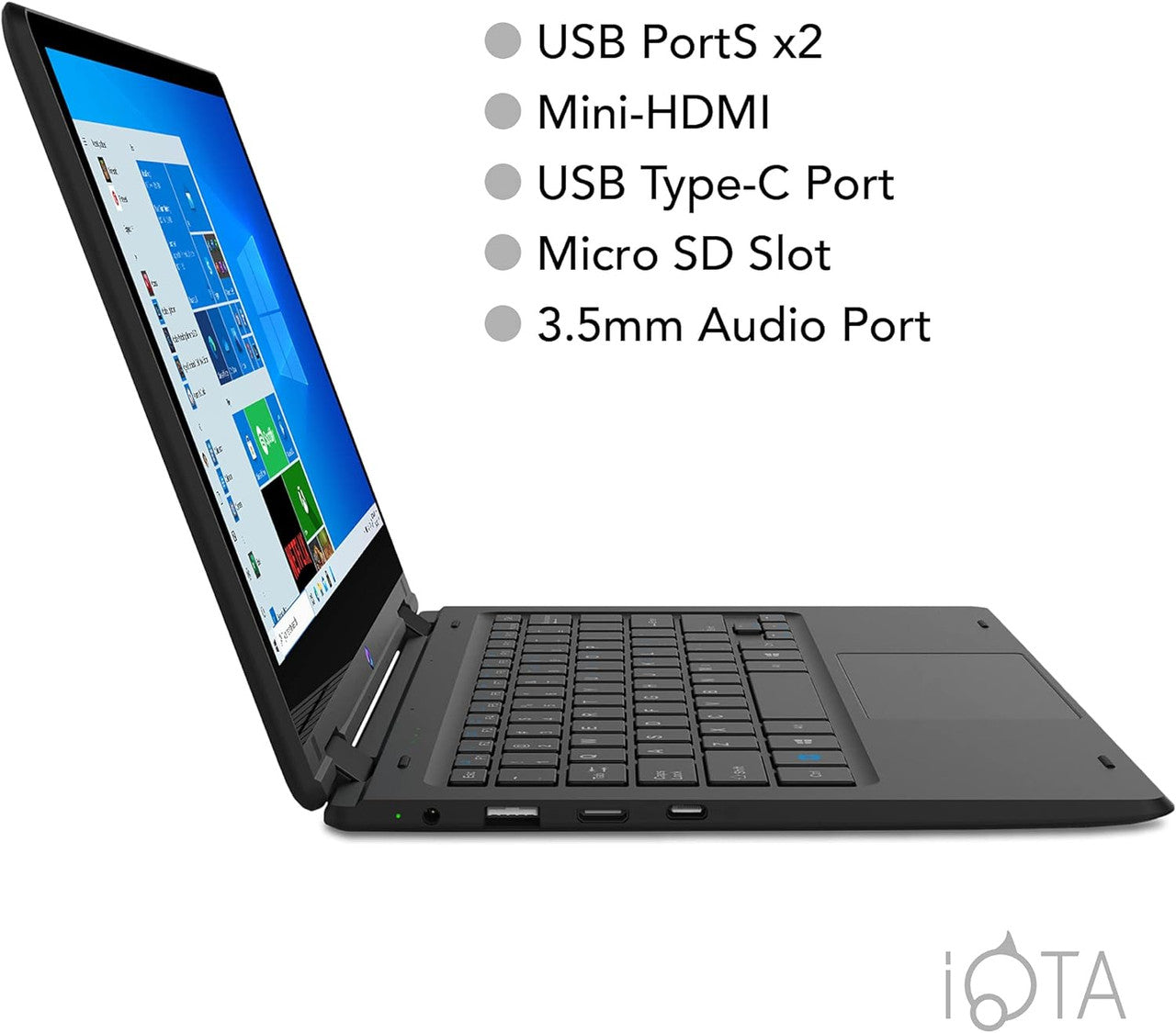 iOTA Flo 360 Touchscreen convertible Laptop 11.6 inch - (Celeron, 4GB RAM, 64GB eMMC, intel UHD graphics, Windows 11 S mode) - Black