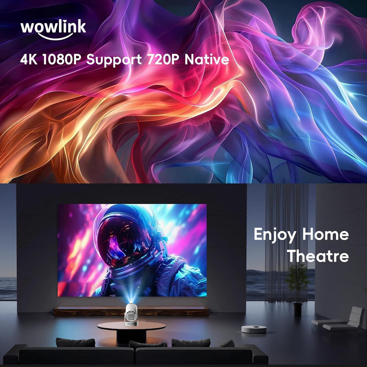 [Built-in Apps & 2025 Upgraded] Mini Projector with WiFi 6 and Bluetooth 5.4 Support 4K 1080P Auto Keystone 180° Rotatable Projector for Bedroom Compatibile with HDMI/TV Stick/Memory Stick/Laptop