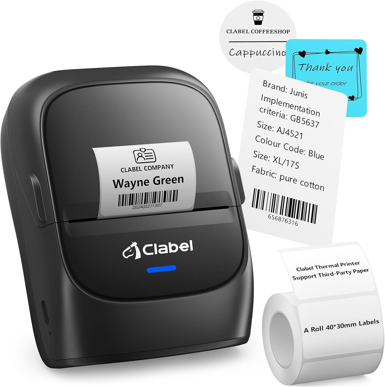 CLABEL Portable Thermal Label Printer: 221B Bluetooth Barcode Printer 2 Inch Wireless Label Maker Machine Compatible with iOS & Android for Small Business with 1 Roll 40x30mm