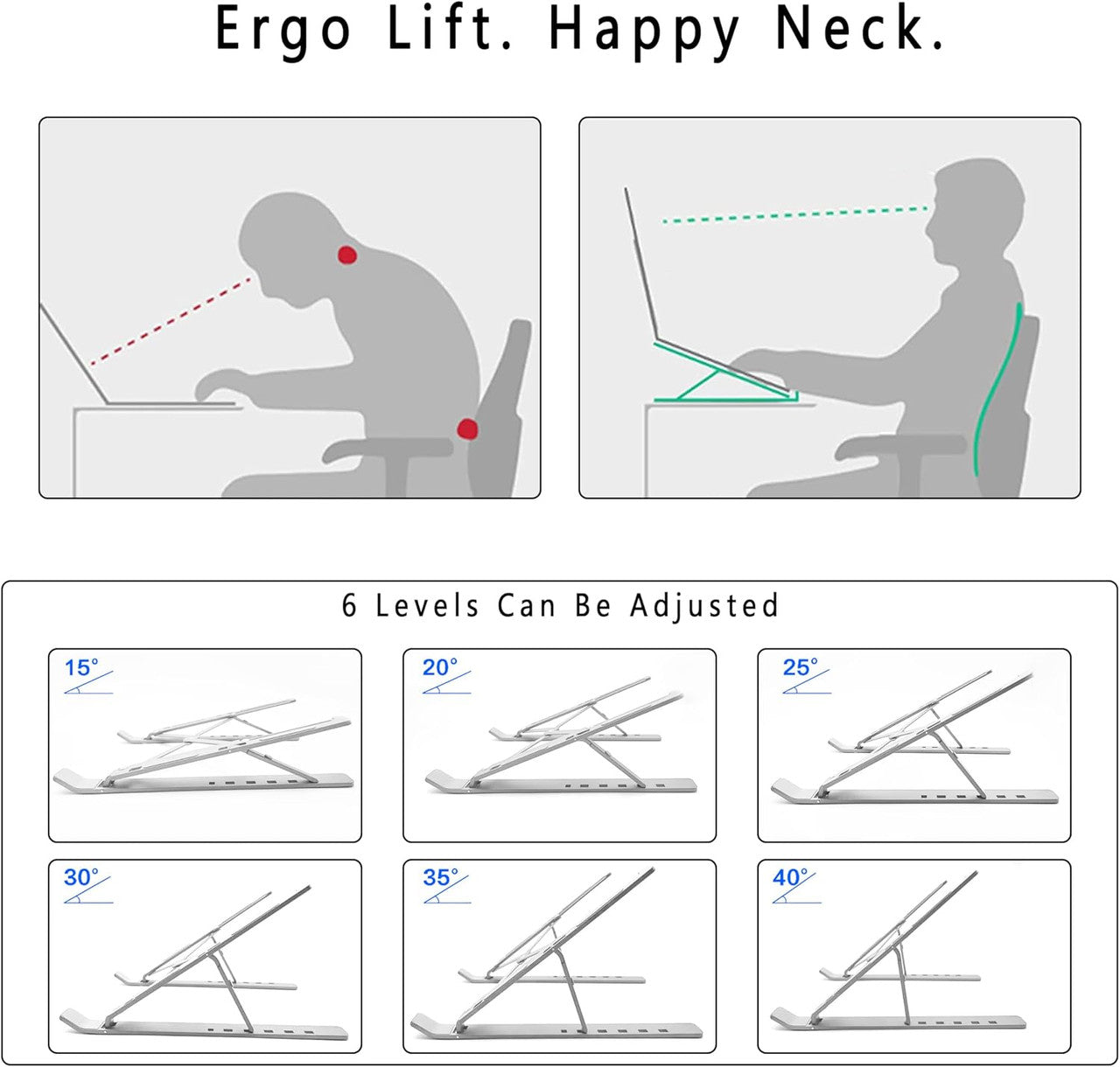 Aitodos® Laptop Stand, Aluminum Alloy, Anti-Slip, Folding, Portable, Ventilation and Cooling, 6-Position Adjustment - Used for office, Sitting Posture Correction