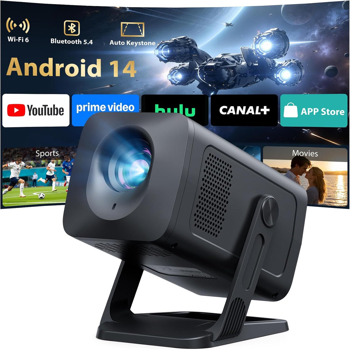 ZYNIX NIX500 Home Cinema Projector with Android 14 & Built-in Apps, Supports 4K & 1080P with WiFi 6 & Bluetooth 5.4, Auto Keystone & 210° Rotation for Home Cinema & Outdoor