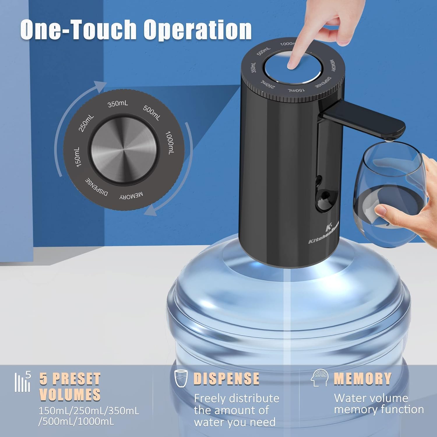 KitchenBoss Electric Water Dispenser: USB Charging 1-5 Gallon Pump Bottle