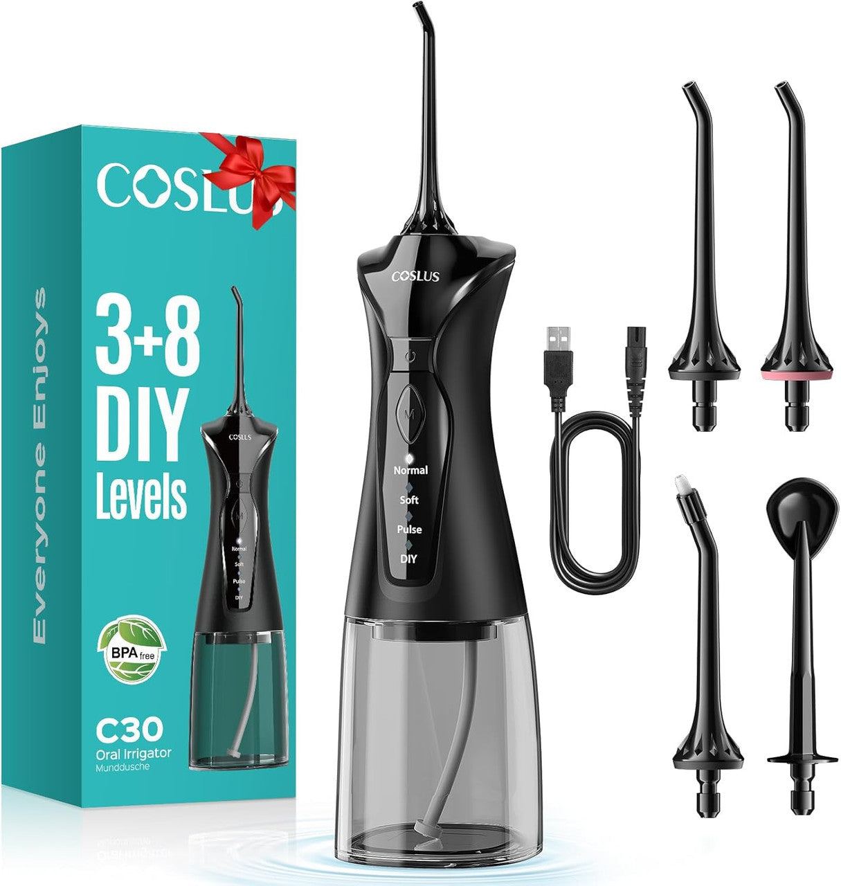 COSLUS Oral Irrigator Wireless Electric Tooth Cleaner: 4 Modes Oral Irrigator Wireless 300 ml Water Tank Oral Irrigator Quick Charge for 30 Days Battery Life Interdental Cleaner