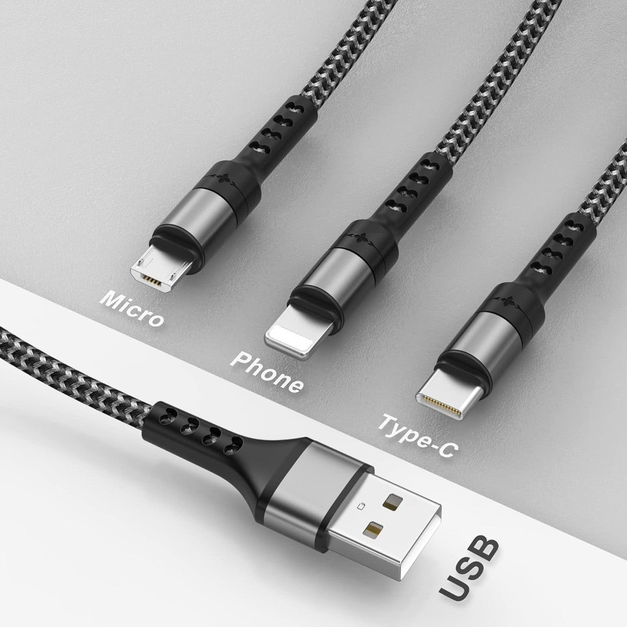 RAVIAD 3-in-1 Charging Cable, USB Cable, 3A Rapid Charging, USB Type C Cable, Micro USB Cable, Phone Charging Cable, Supports 3 Devices Simultaneously Charging, Compatible with All Phones, Android