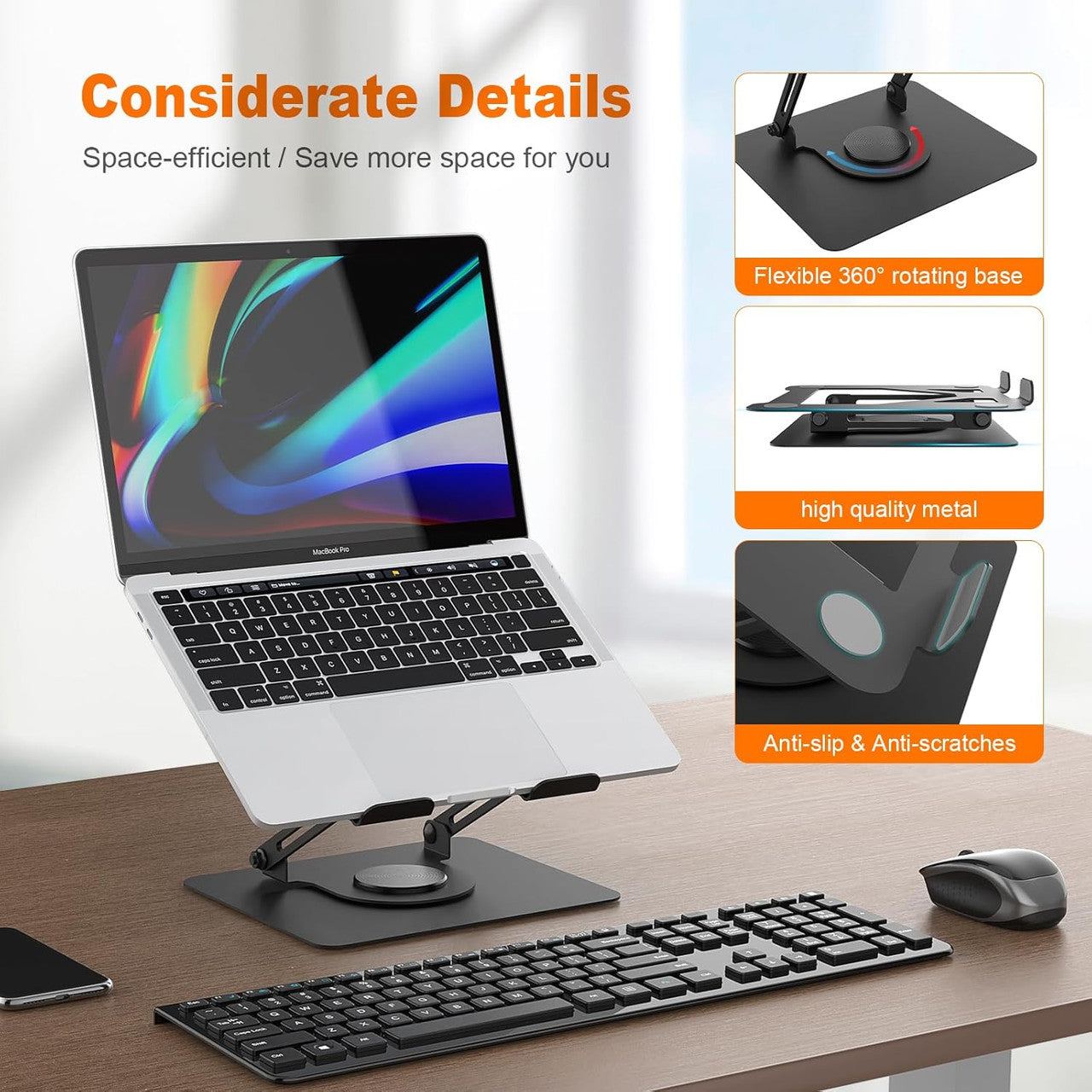 GRIFEMA Laptop Stand for Desk, Foldable Laptop Riser with 360° Swivel Base, Adjustable Height & Angle, Ventilated Computer Stand Compatible with MacBook Air/Pro, Dell, and 11-17" Laptops - Black
